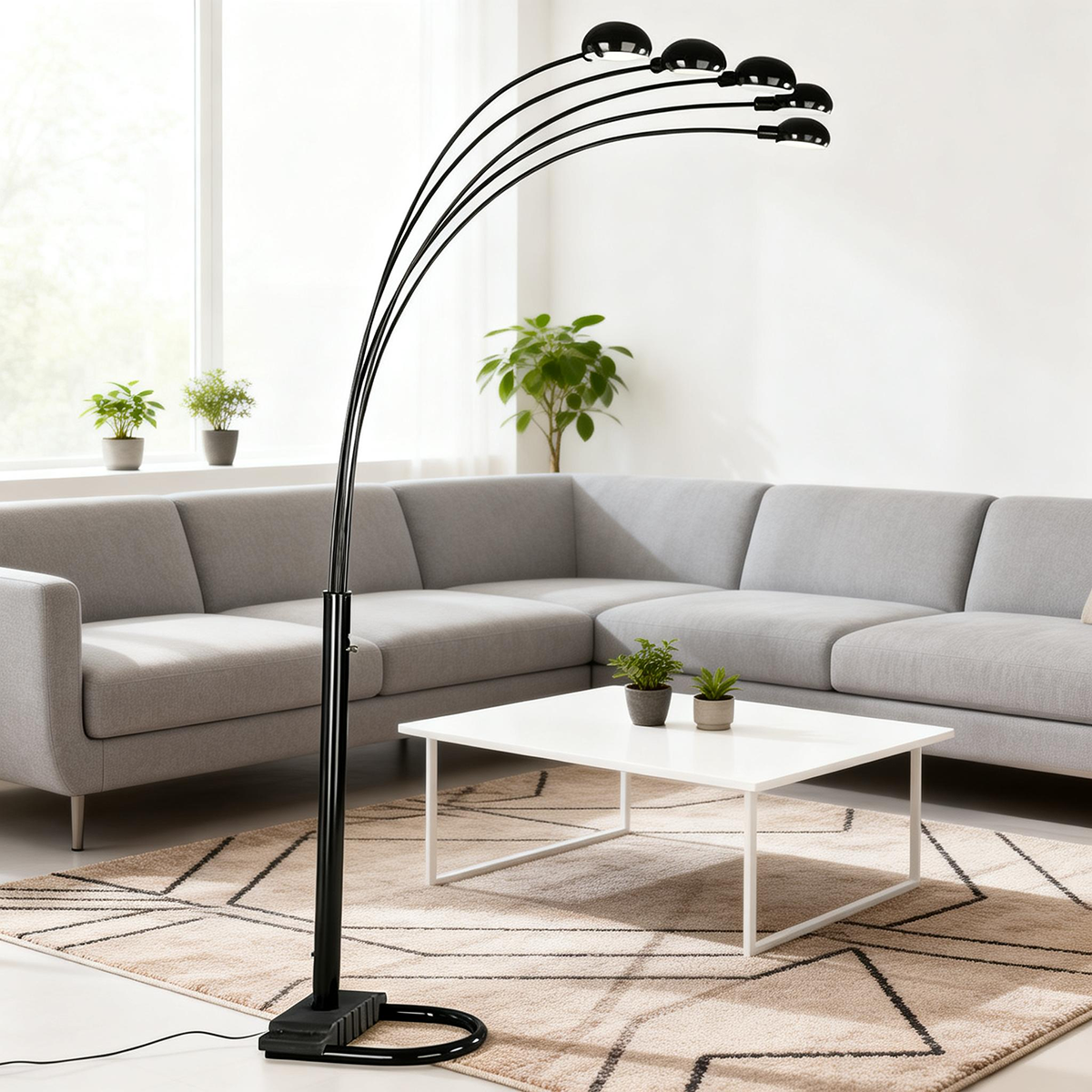 5-Arm Arc Floor Lamp – Adjustable Dome Heads, 3-Way Switch & Tip-Resistant Base | Black, Gold, Nickel & White