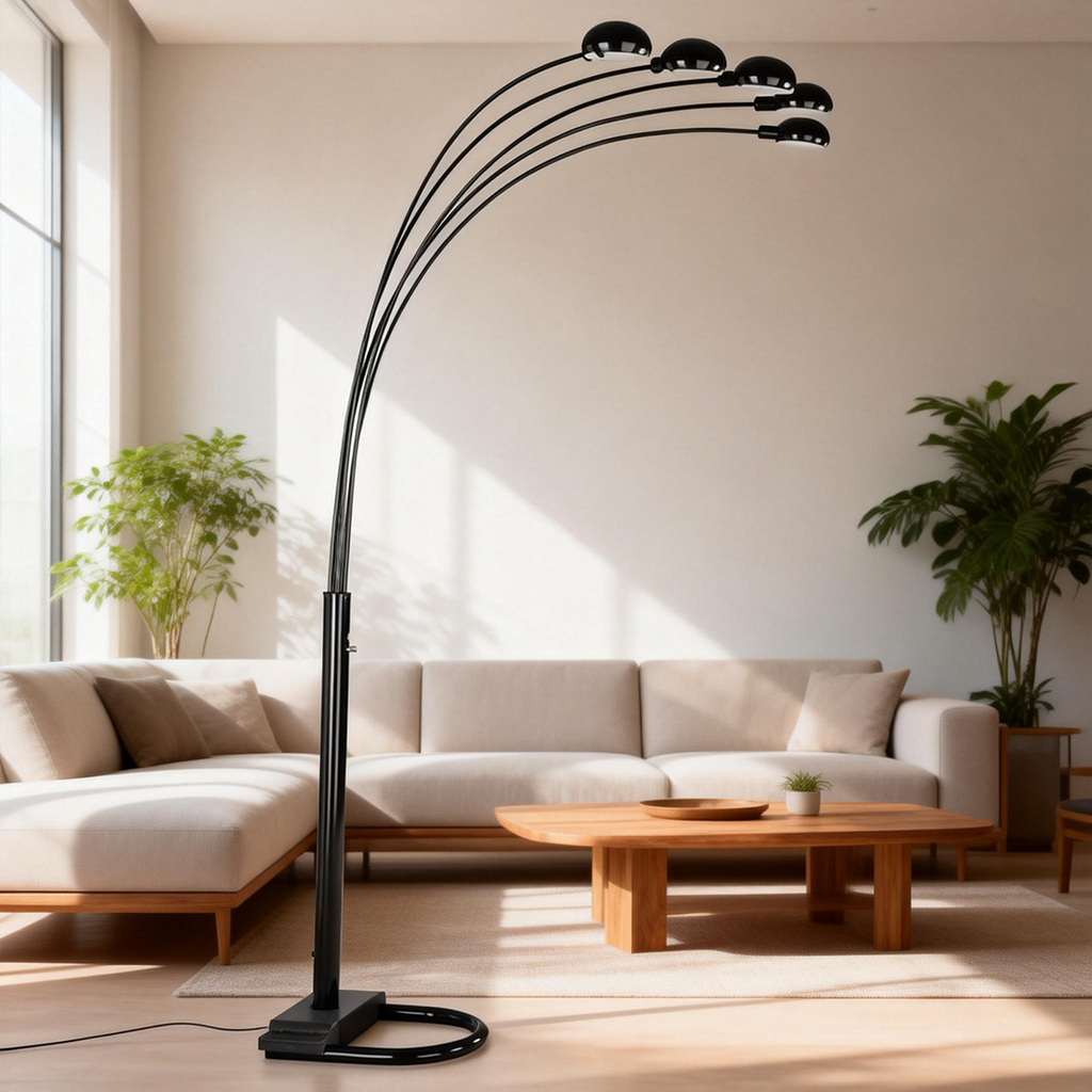 5-Arm Arc Floor Lamp – Adjustable Dome Heads, 3-Way Switch & Tip-Resistant Base | Black, Gold, Nickel & White