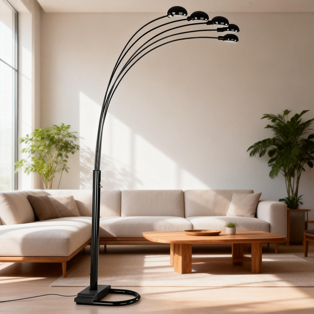 5-Arm Arc Floor Lamp – Adjustable Dome Heads, 3-Way Switch & Tip-Resistant Base | Black, Gold, Nickel & White