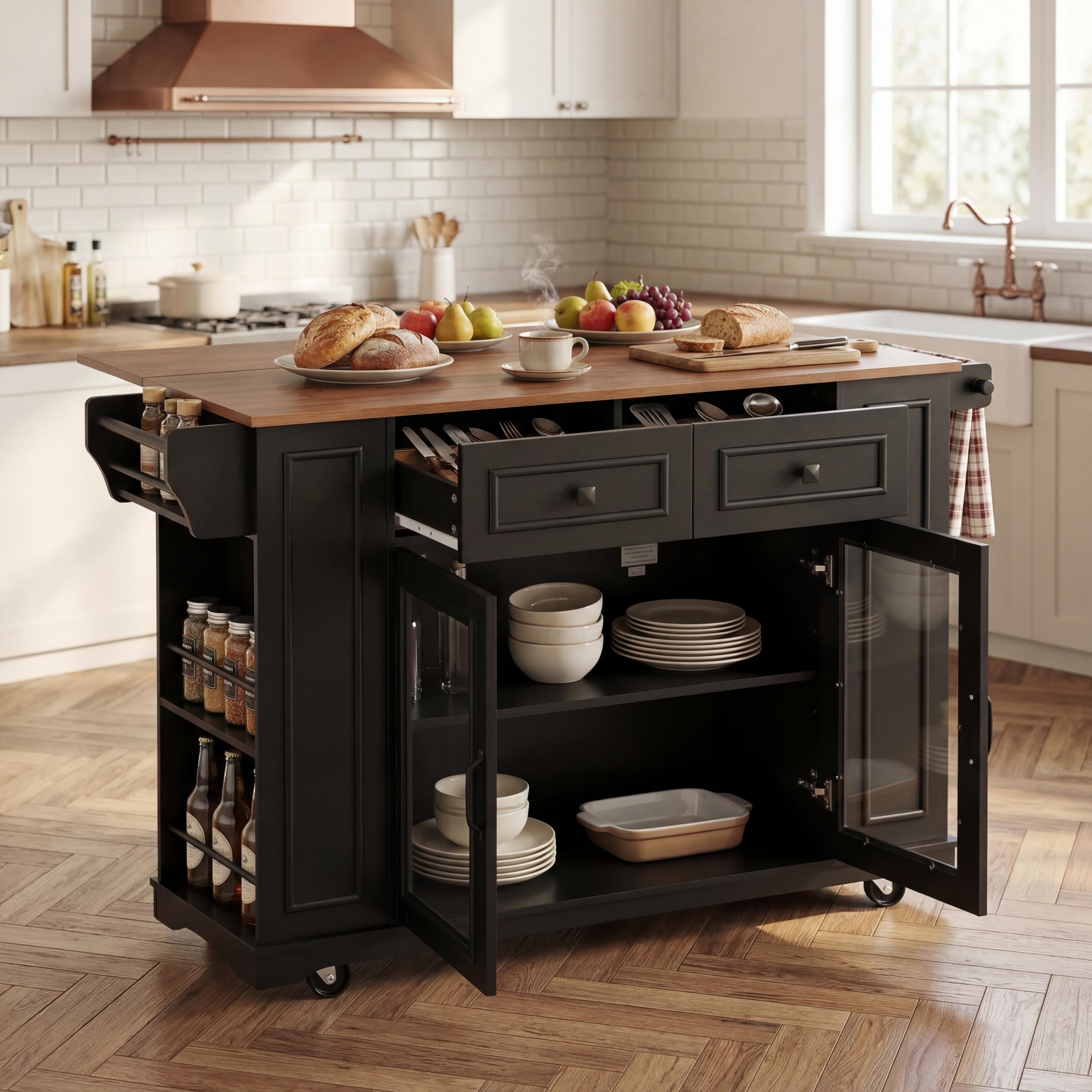 54" Mobile Kitchen Island with Glass Door Storage, Power Outlet & Rolling Cart