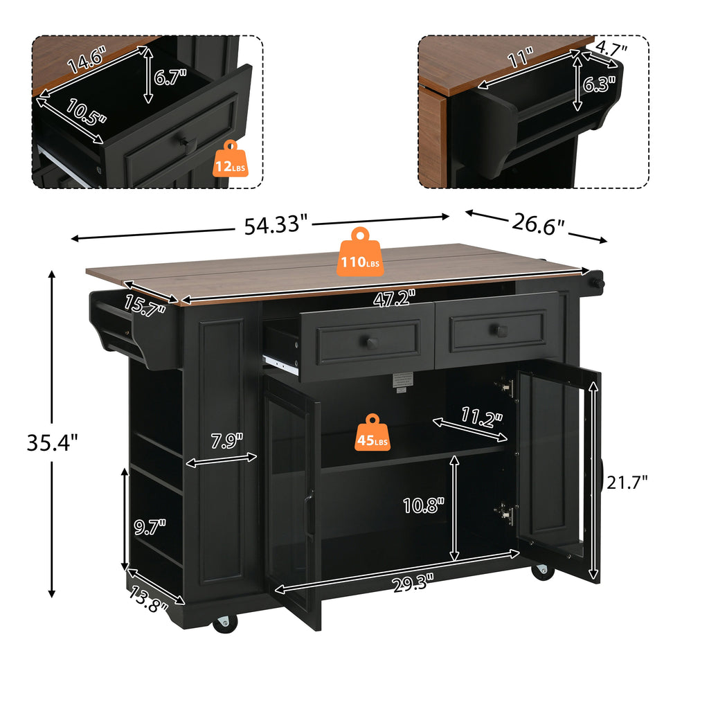 54" Mobile Kitchen Island with Glass Door Storage, Power Outlet & Rolling Cart