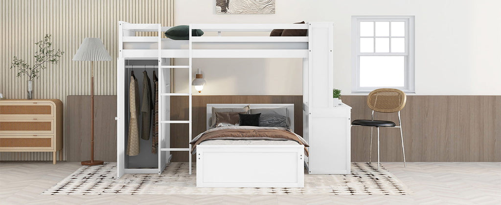 Loft Bed With A Stand Alone Bed, Shelves, Desk, And Wardrobe
