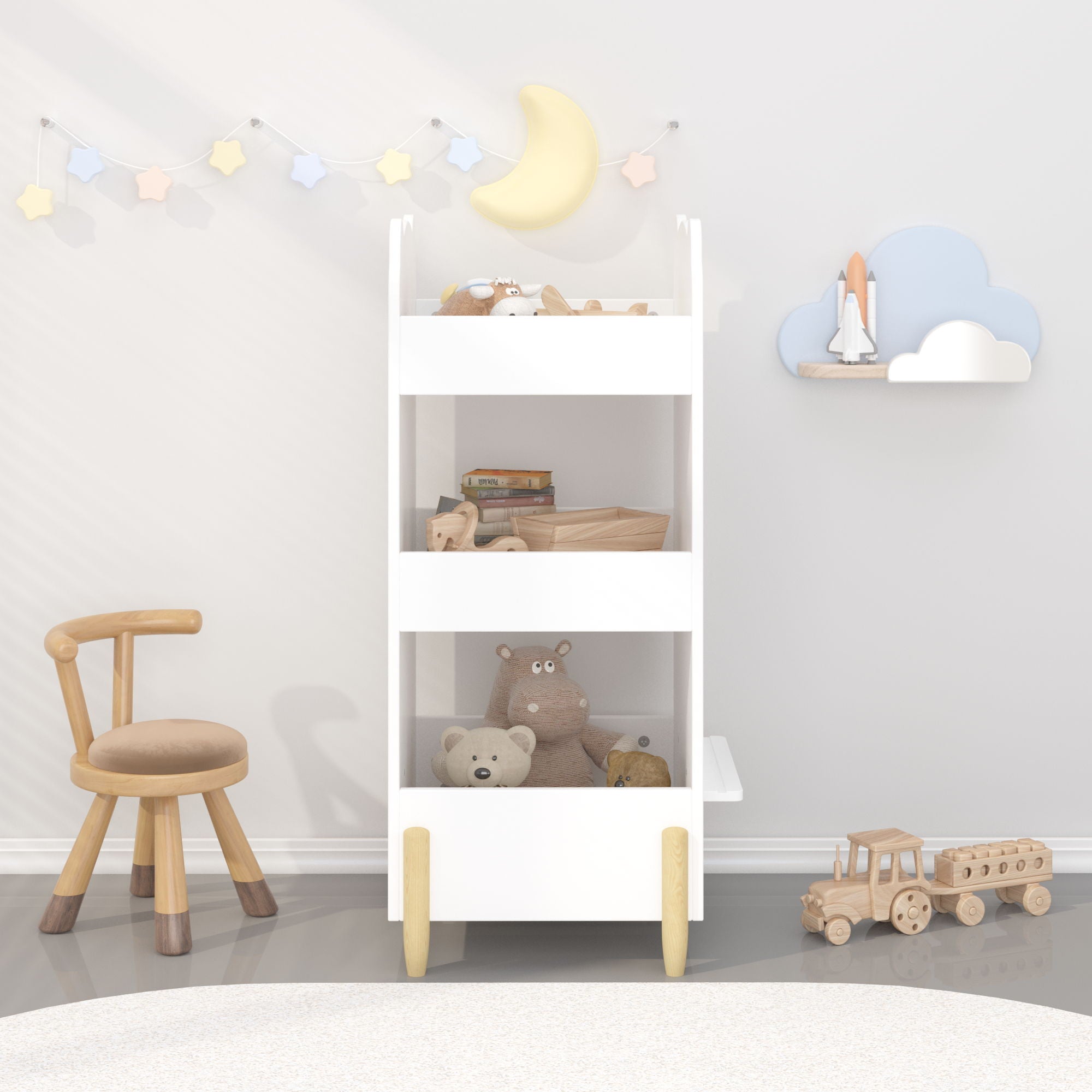 Bear Shaped Bookshelf With Chalkboard Side, 3-Tier Storage Organizer For Playroom - White