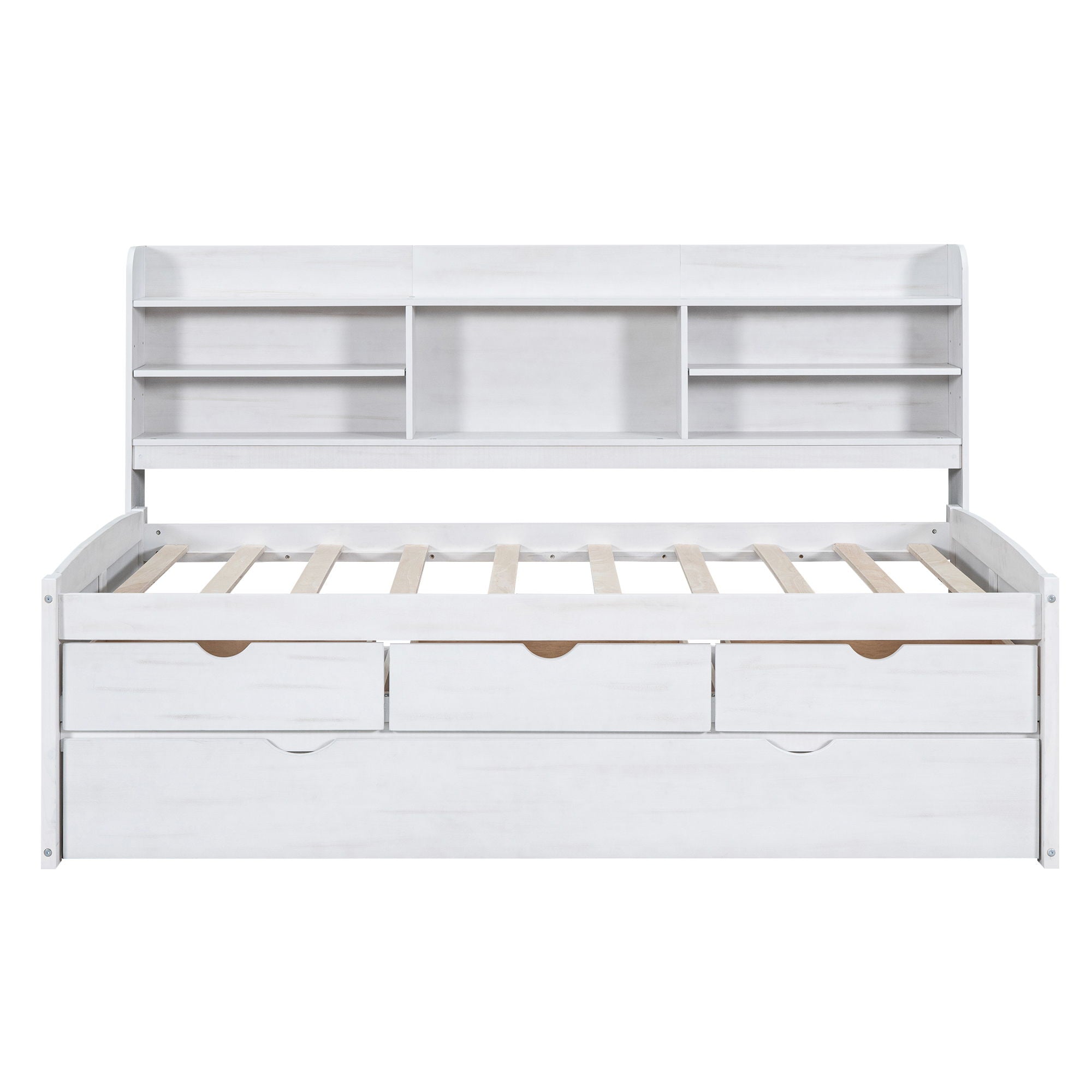 Captain Bed With Built In Bookshelves, 3 Storage Drawers, And Trundle