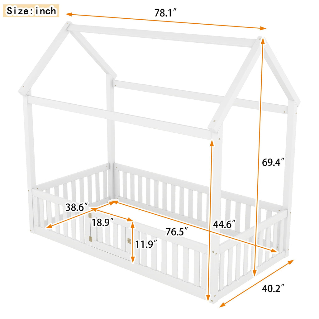 Wood House Bed With Fence And Door