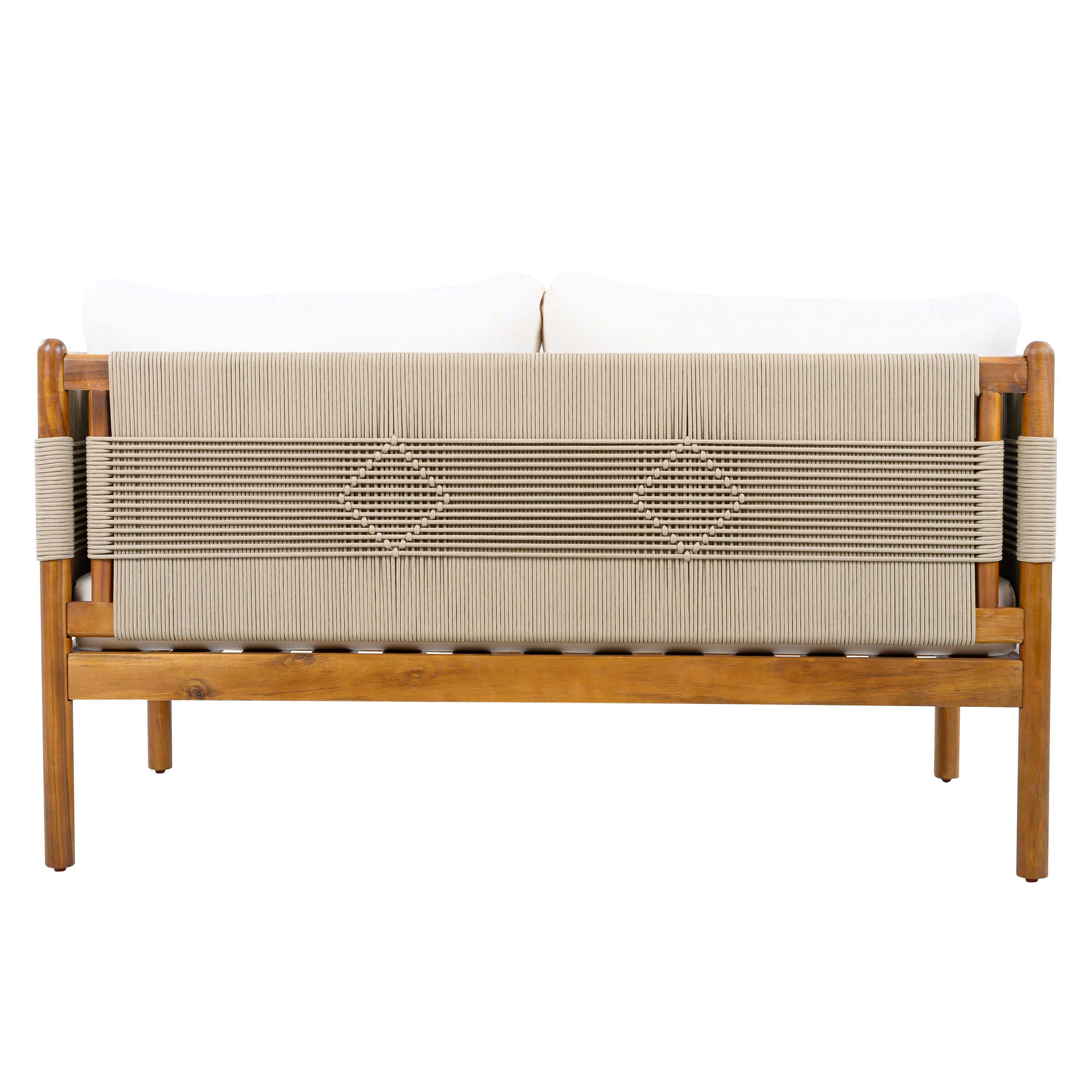 Outdoor Acacia Wood Loveseat with Diamond Rope Weave & Cushions, Teak Finish