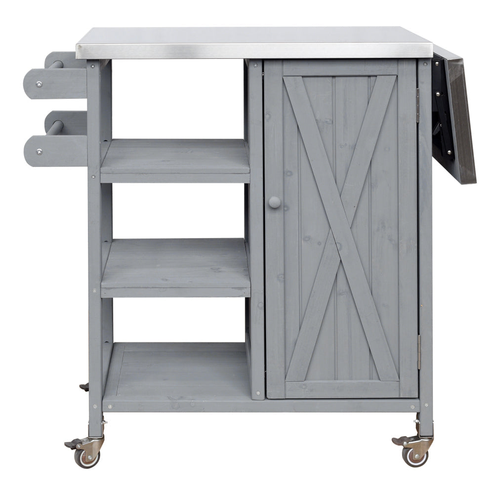 Foldable Outdoor Kitchen Island with Stainless Steel Top | Rolling Cart with Storage Cabinet, Open Shelves & Towel Rack — Grey