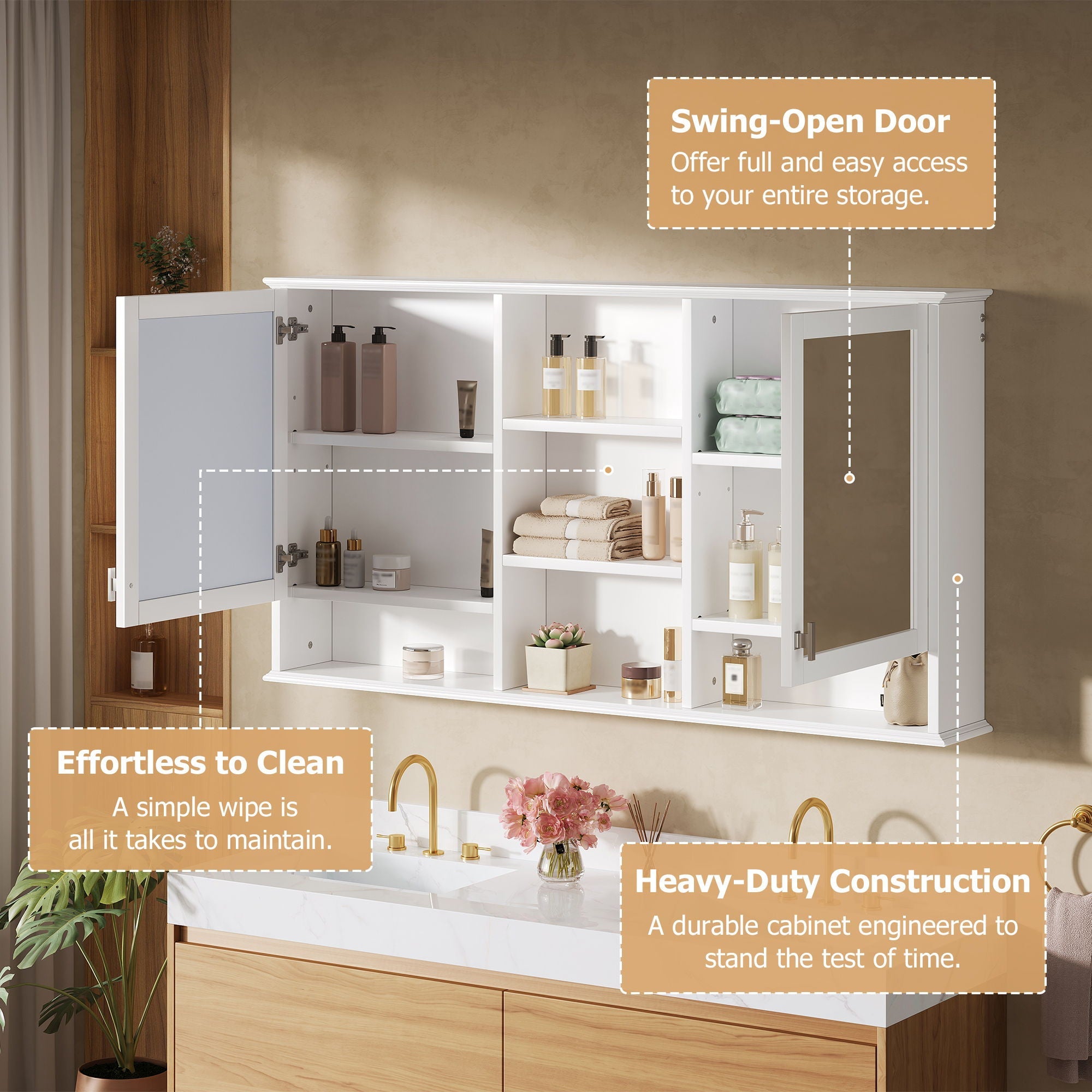 Wall Mount Mirror Cabinet With Adjustable Shelves - White