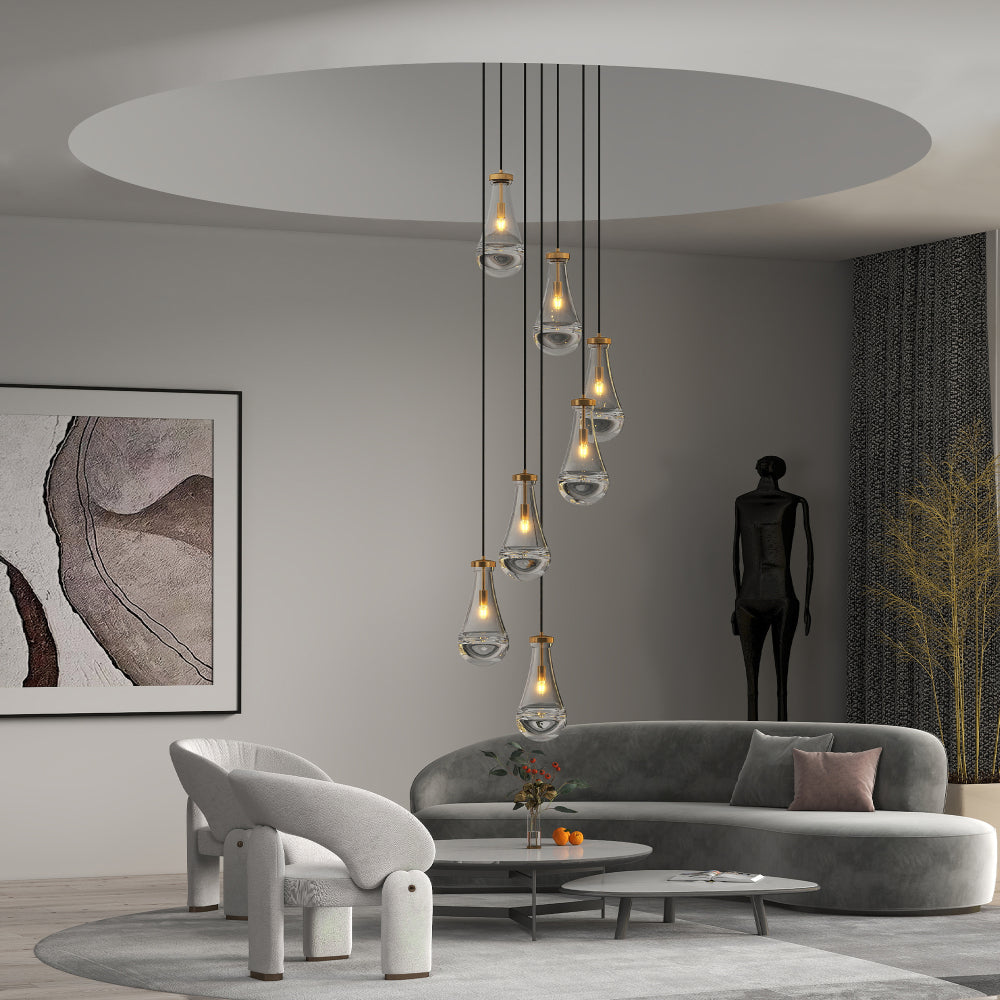 Raindrop Cluster Pendant Chandelier | 5 or 7-Light Hand-Blown Glass, Black or Gold — Adjustable to 100", High Ceiling Foyer, Stairwell & Living Room