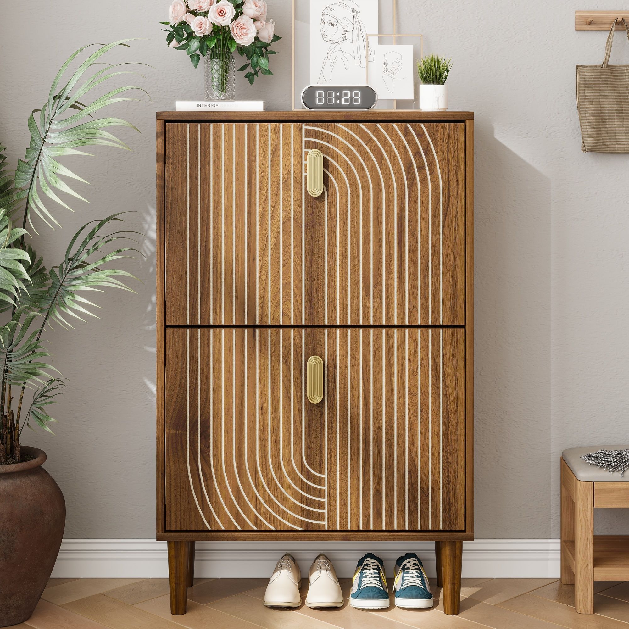 Modern Minimalist Shoe Storage Cabinet With 2 Flip Drawers And Metal Handles - Brown