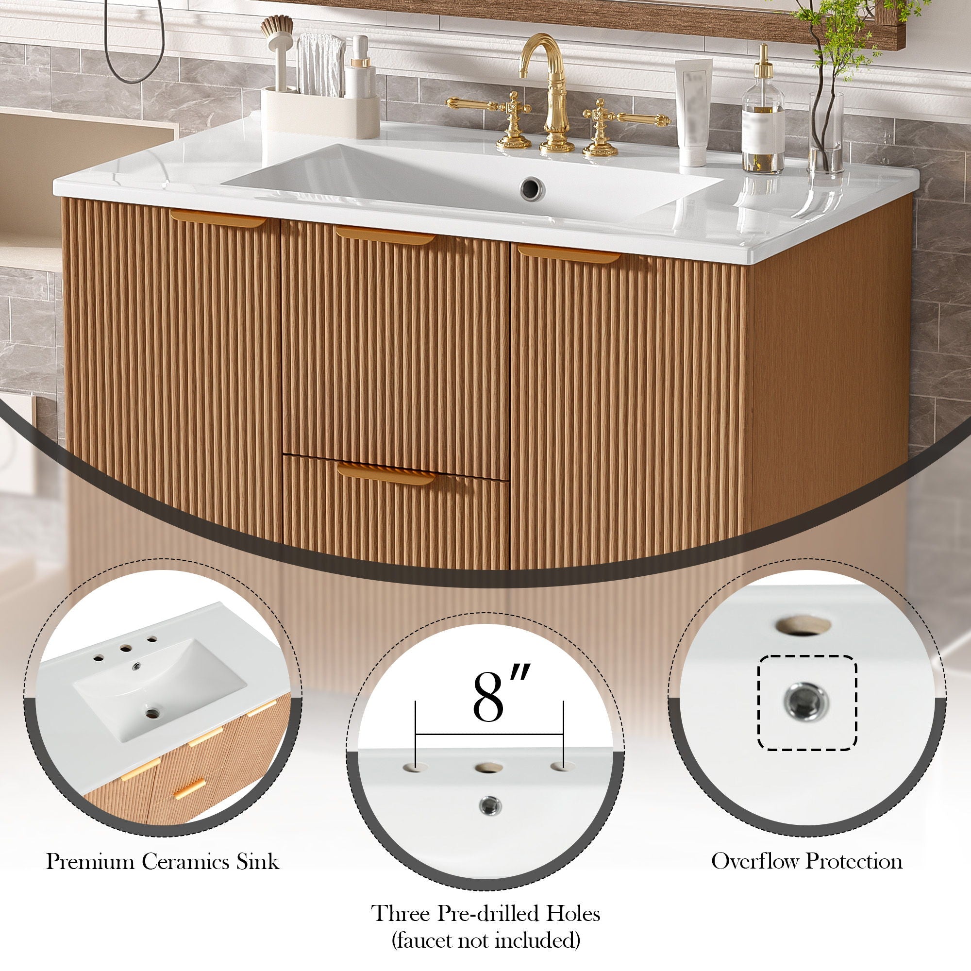 Modern Wall Mounted Bathroom Vanity, Soft Close Doors