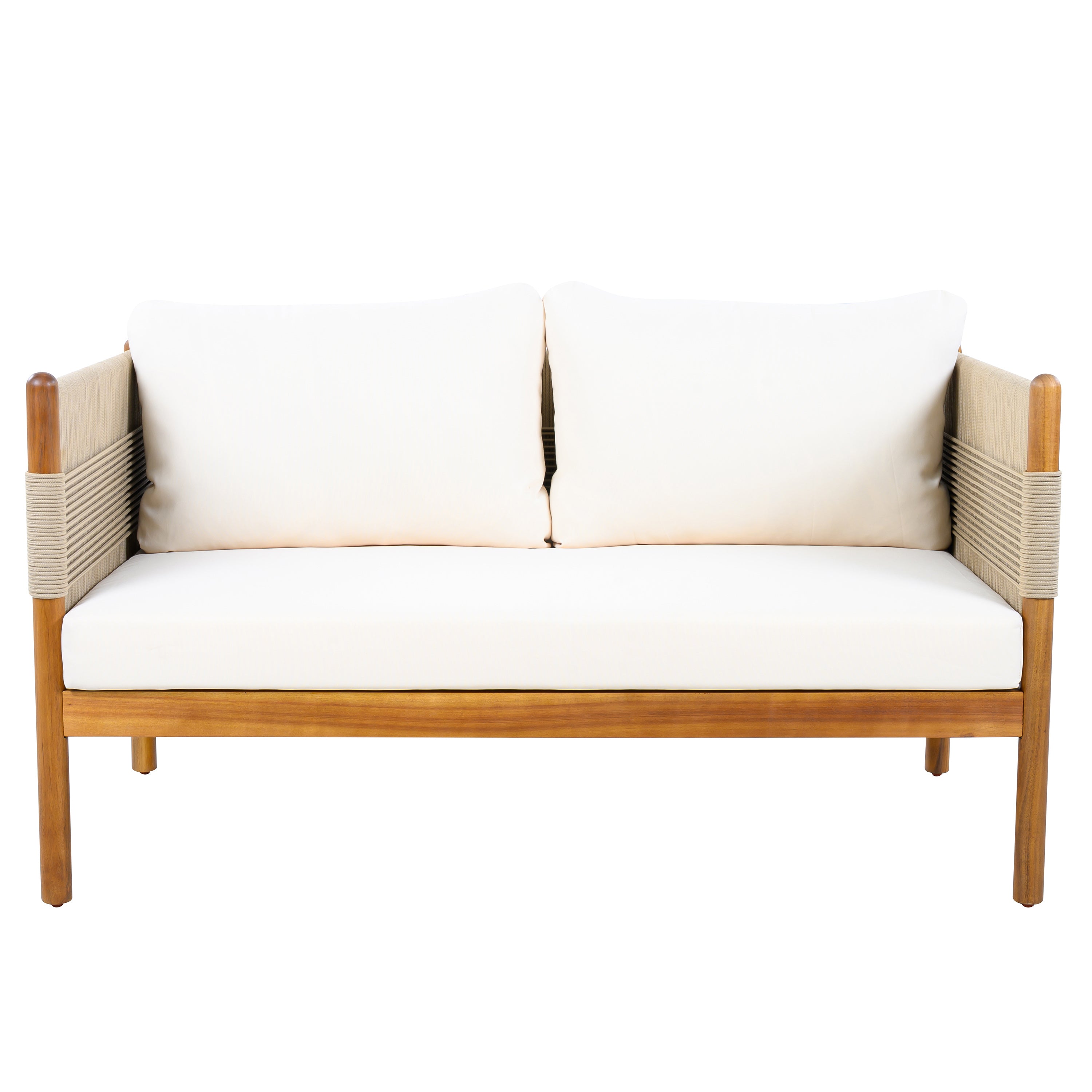 Outdoor Acacia Wood Loveseat with Diamond Rope Weave & Cushions, Teak Finish