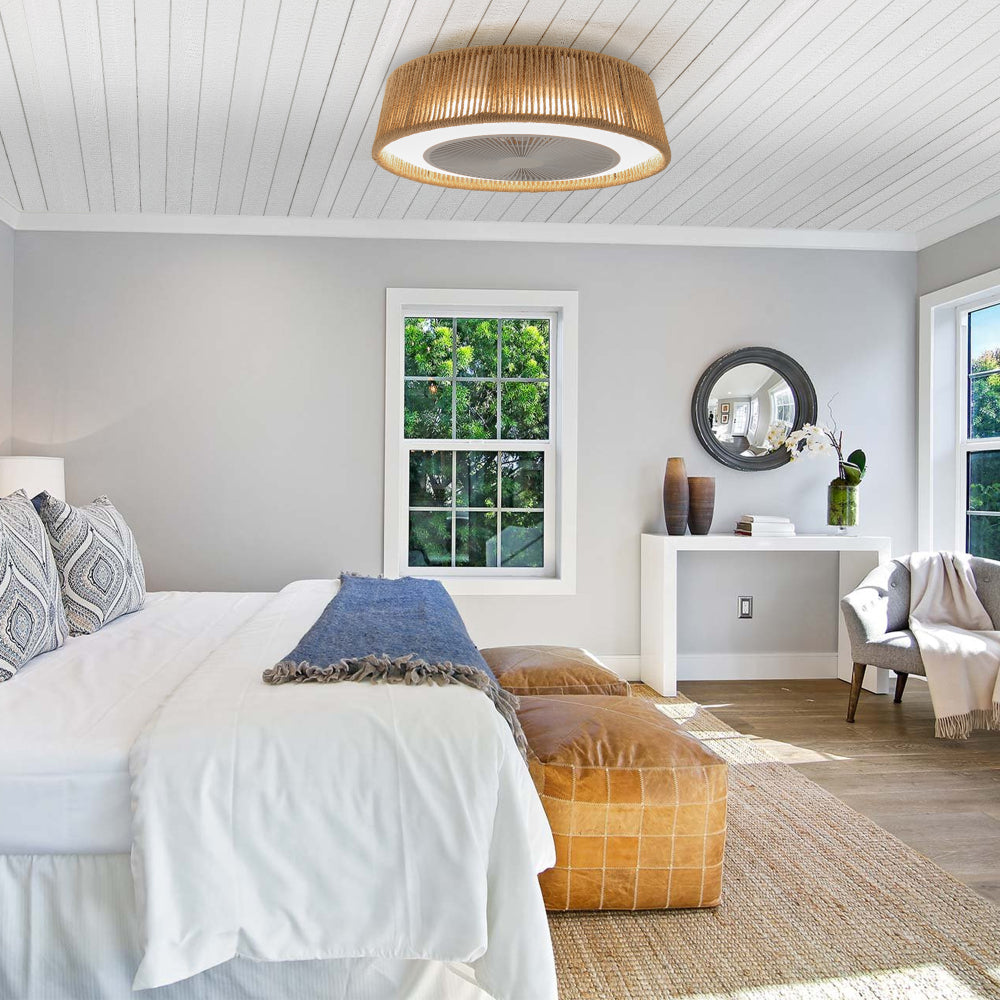 21" Boho Caged Ceiling Fan with LED Light & Remote – Braided Twine Design, 3CCT Dimmable, 6 Speeds & Reversible DC Motor