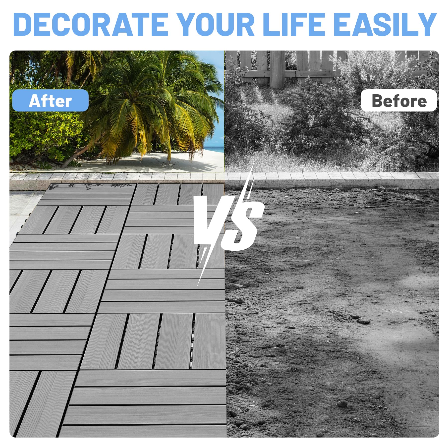 44 Pcs Interlocking Deck Tiles, 12" x 12" HDPE Outdoor Flooring