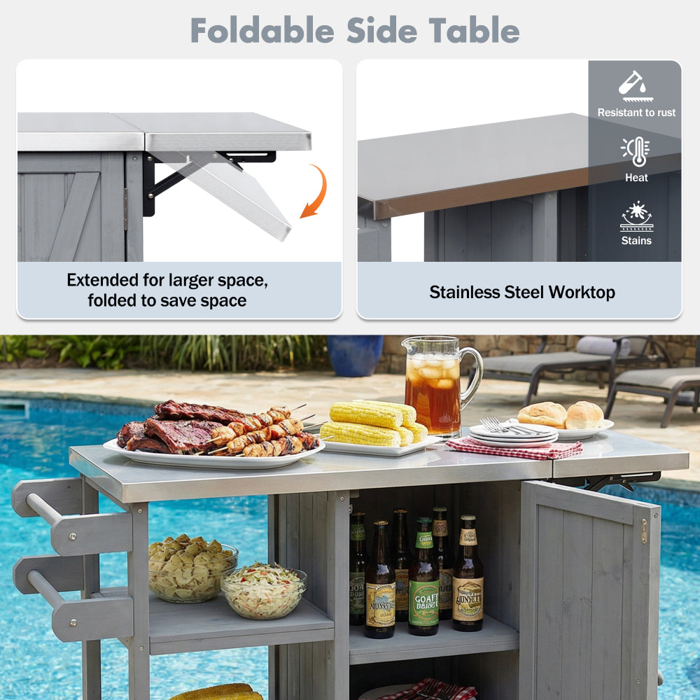 Foldable Outdoor Kitchen Island with Stainless Steel Top | Rolling Cart with Storage Cabinet, Open Shelves & Towel Rack — Grey