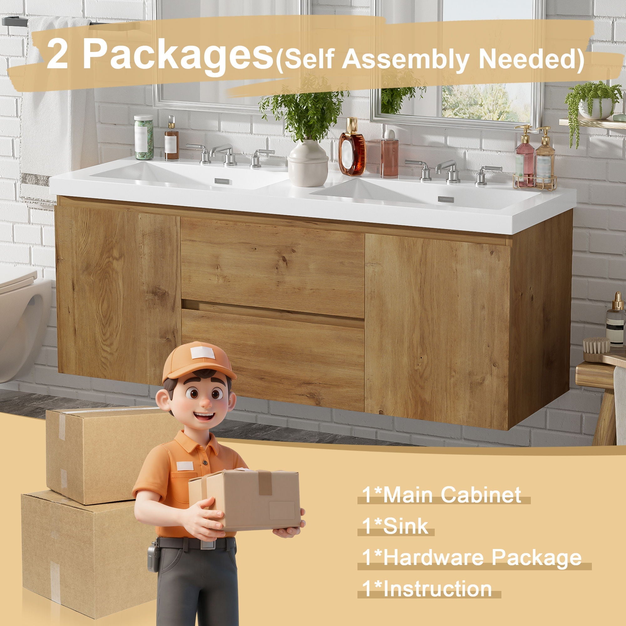 Double Sink Bathroom Vanity, Cabinet & Soft Close Doors, Divided Drawers, Wall Mounted Storage - Wood