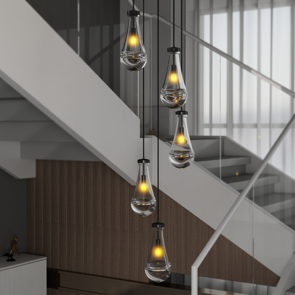 Raindrop Cluster Pendant Chandelier | 5 or 7-Light Hand-Blown Glass, Black or Gold — Adjustable to 100", High Ceiling Foyer, Stairwell & Living Room