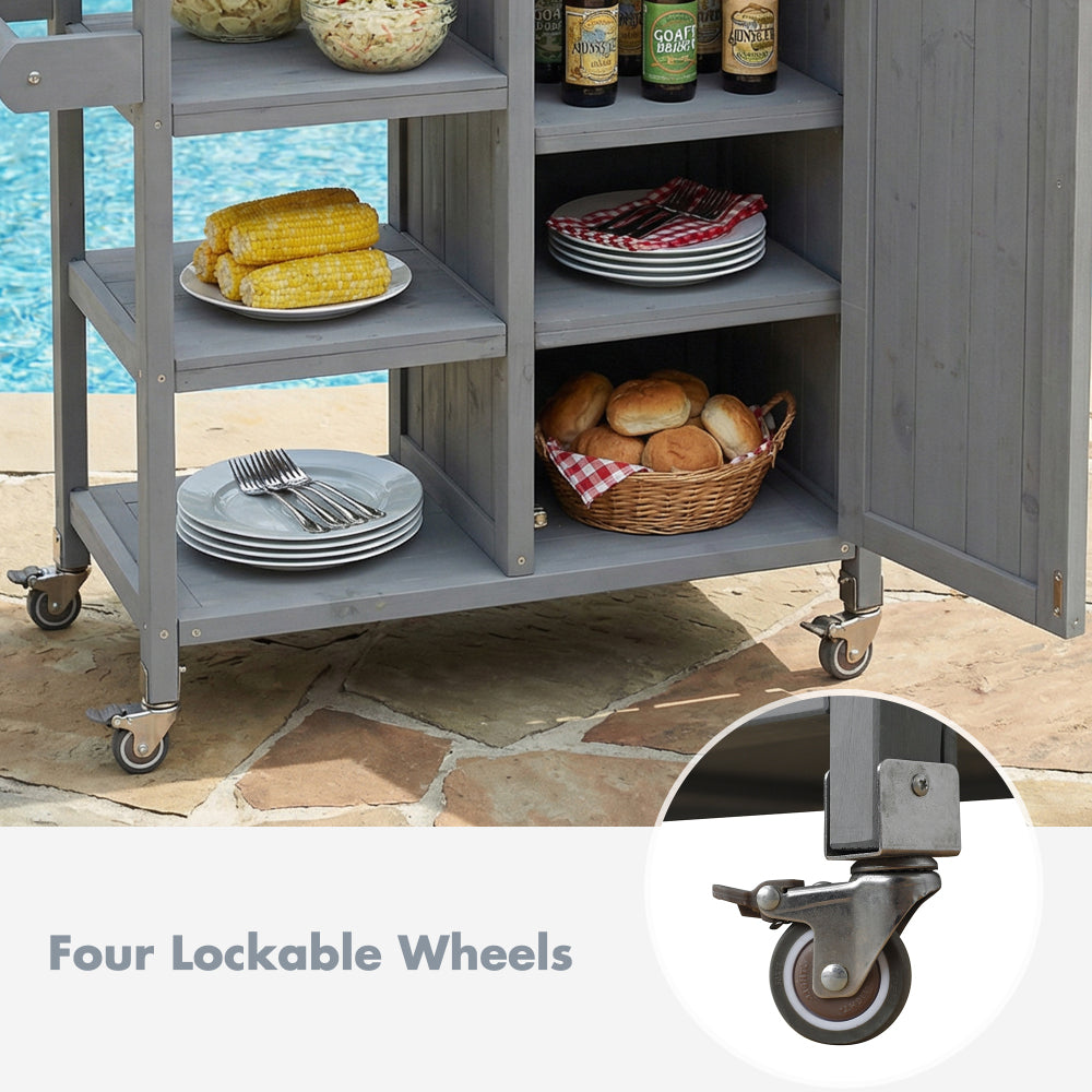 Foldable Outdoor Kitchen Island with Stainless Steel Top | Rolling Cart with Storage Cabinet, Open Shelves & Towel Rack — Grey