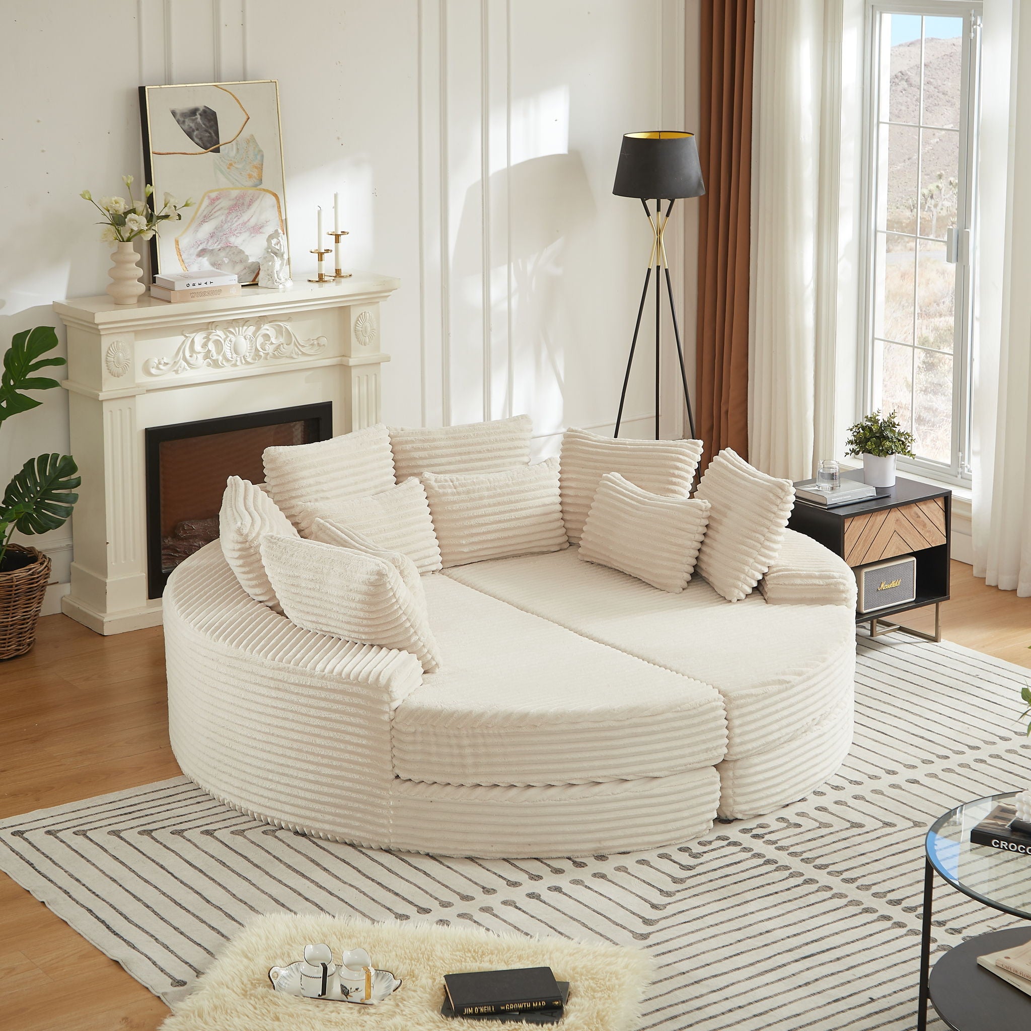 Round Oversized Sofa Bed With 5 Throw Pillows