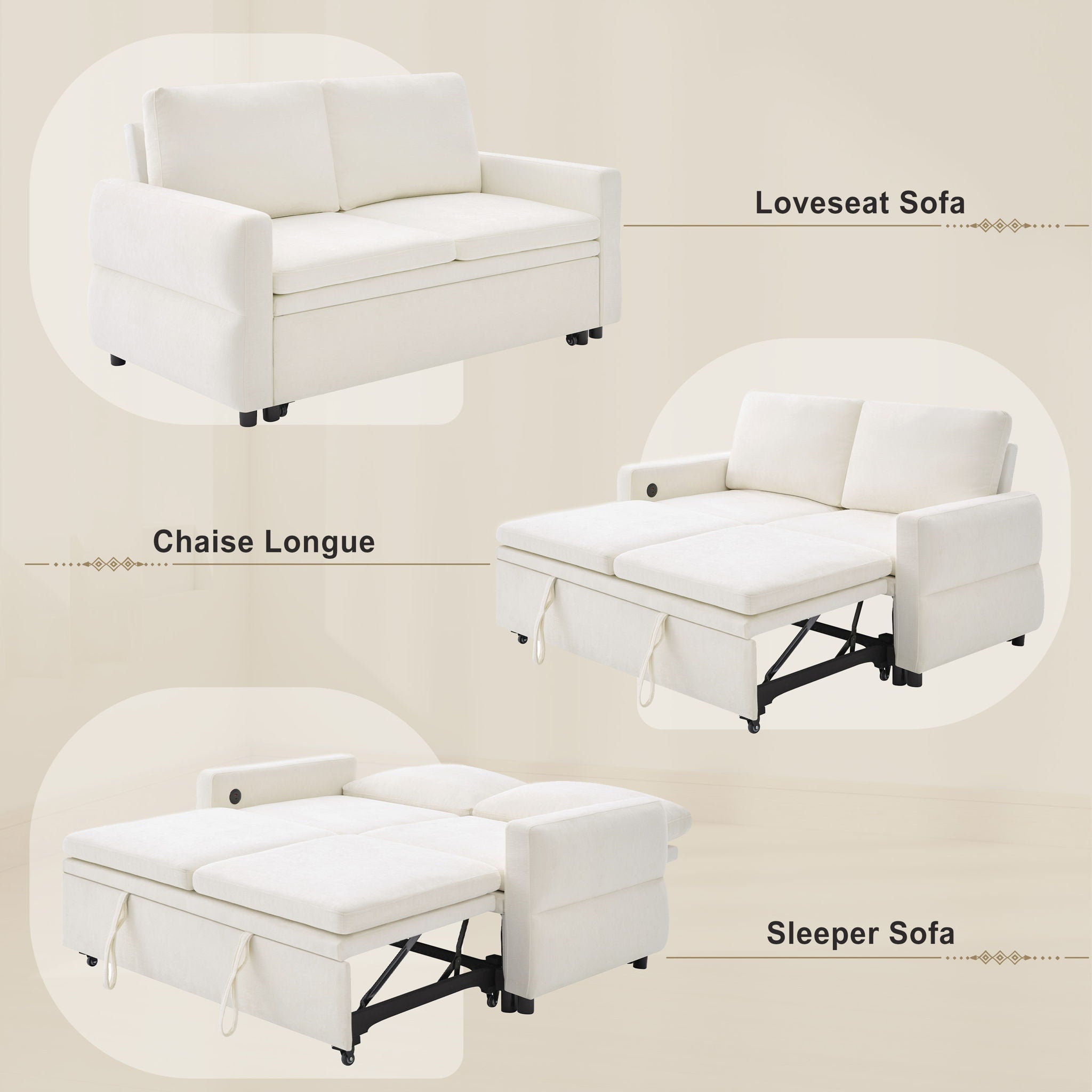 Convertible Sofa Bed Loveseat With Adjustable Backrest And USB Ports