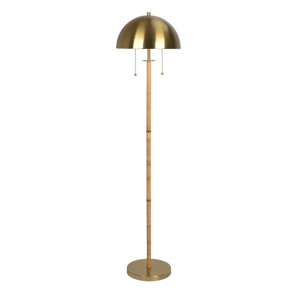 2-Light Floor Lamp – Gold Brass & Natural Rattan Tubes, Dual Pull Chain | Boho Living Room & Bedroom Lamp