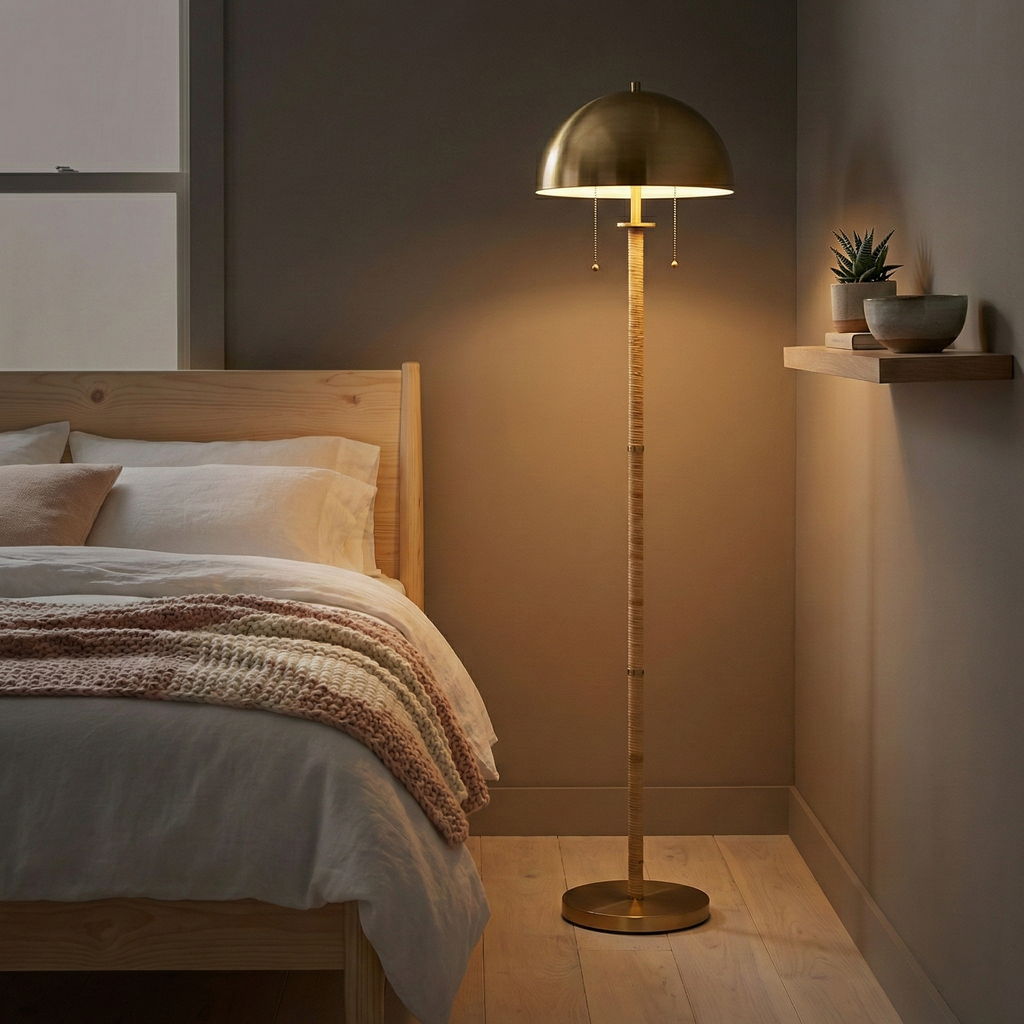 2-Light Floor Lamp – Gold Brass & Natural Rattan Tubes, Dual Pull Chain | Boho Living Room & Bedroom Lamp