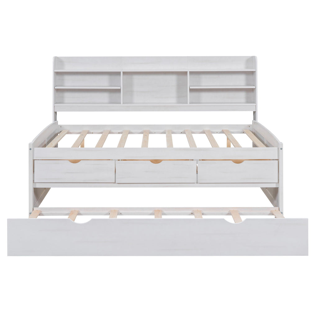 Captain Bed With Built In Bookshelves, 3 Storage Drawers, And Trundle