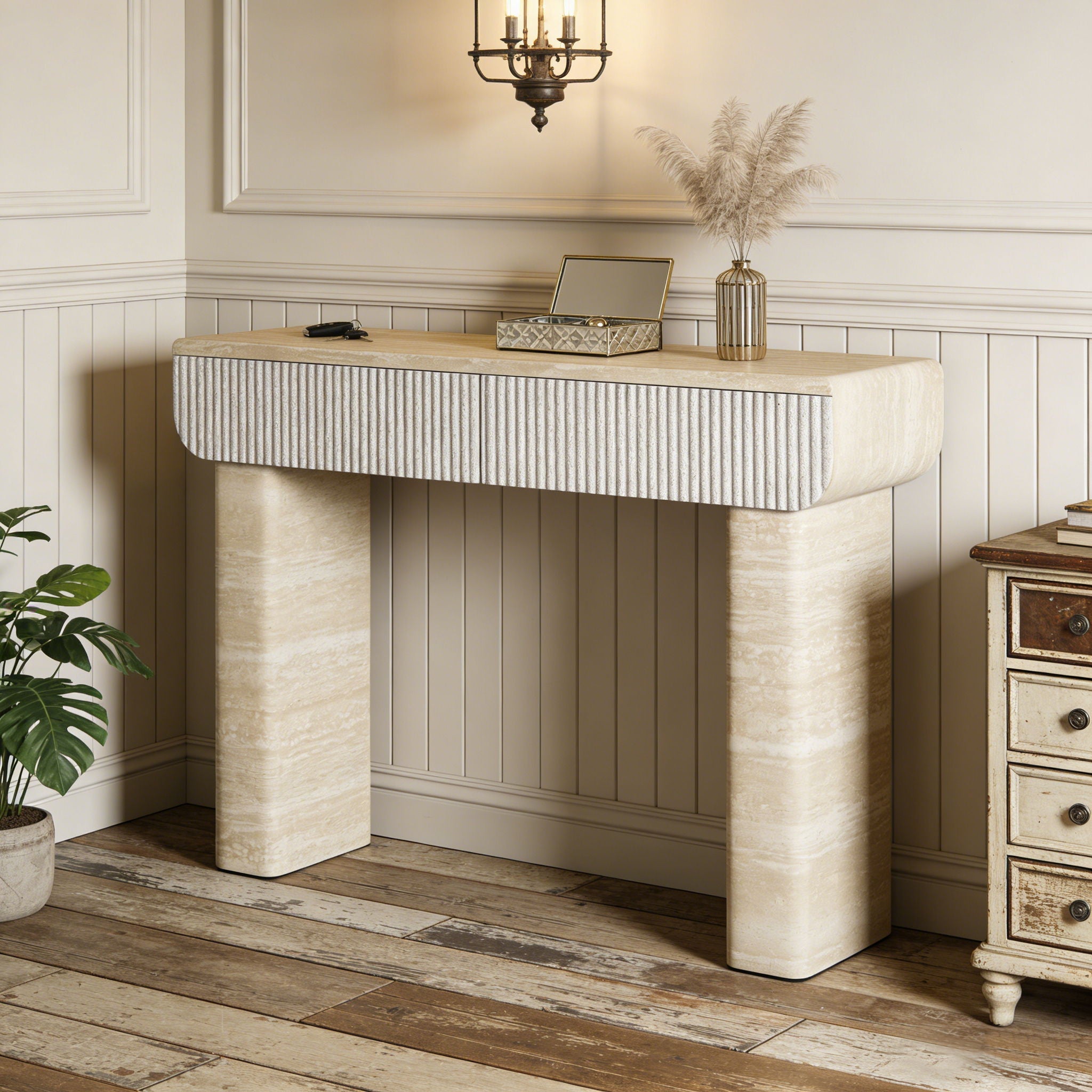 Entryway Table With 2 Hidden Handle Drawers For Entrance - Beige / Yellow