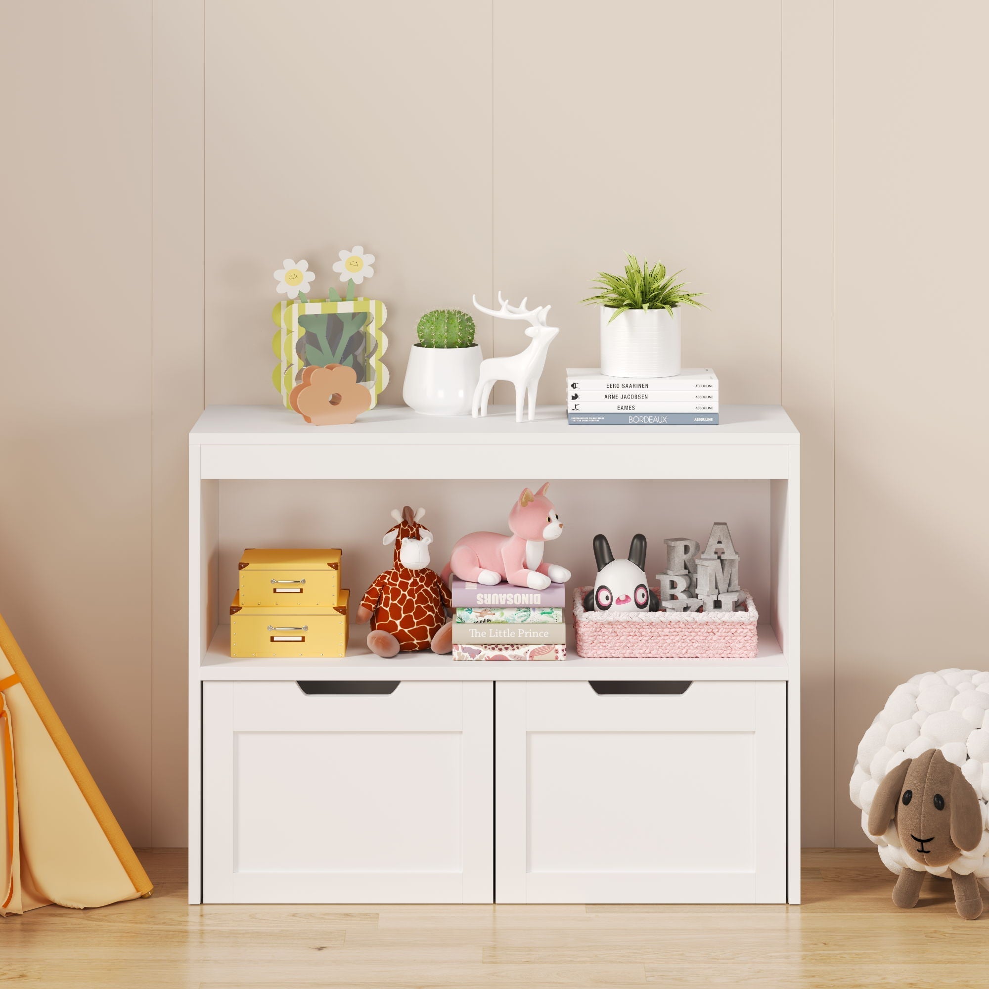 Book Organizer With Large Drawers And Open Shelves, Toy Storage Cabinet - White
