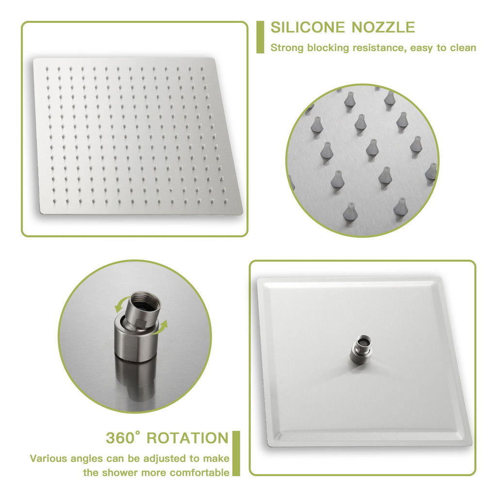16" Square Rainfall Shower Head Fixed Wall Mount With Full Body Coverage & Self Cleaning Silicone Nozzles
