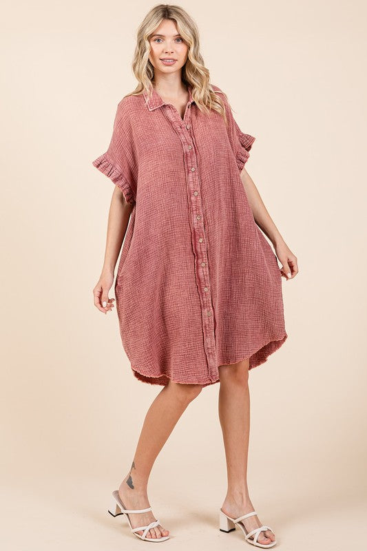 Mineral Wash Cotton Gauze Mini Shirt Dress For Women – Effortlessly Chic and Tredny Dress with Ruffle Sleeve Details