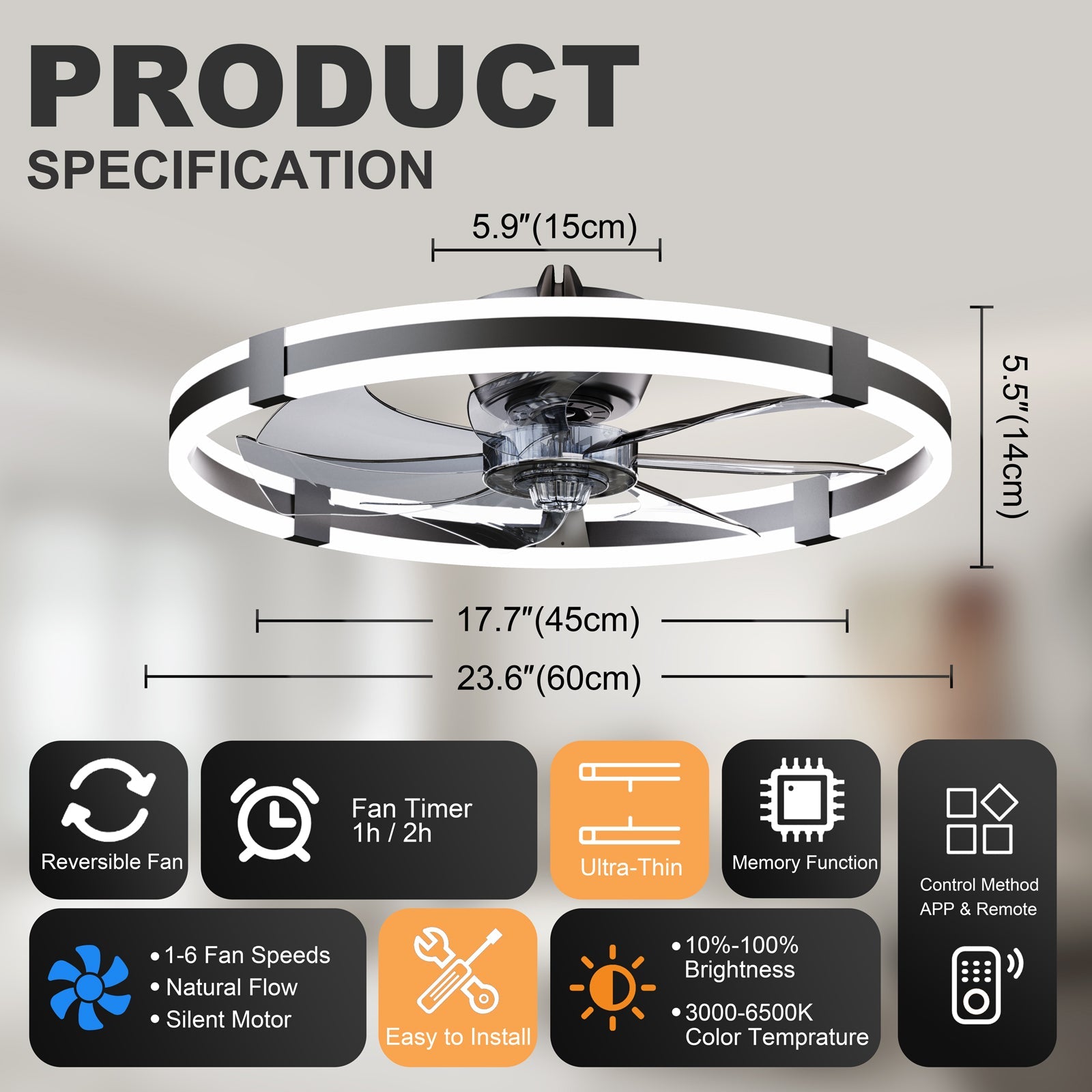 23.6'' LED Ceiling Fan Light with Remote and DC Motor