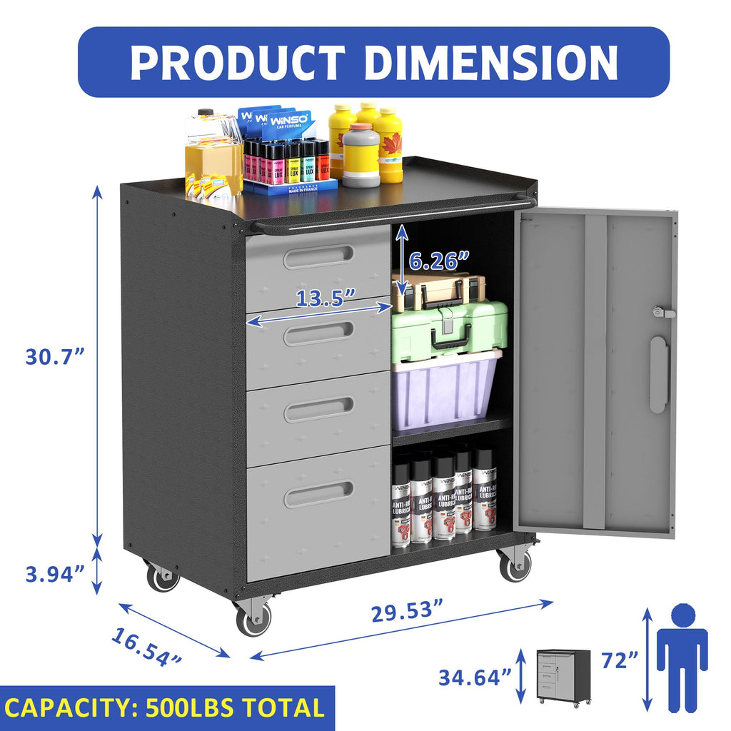 Sturdy Metal Tool Storage Cabinet With Wheels Durable Garage, Office & Home Organizer Steel