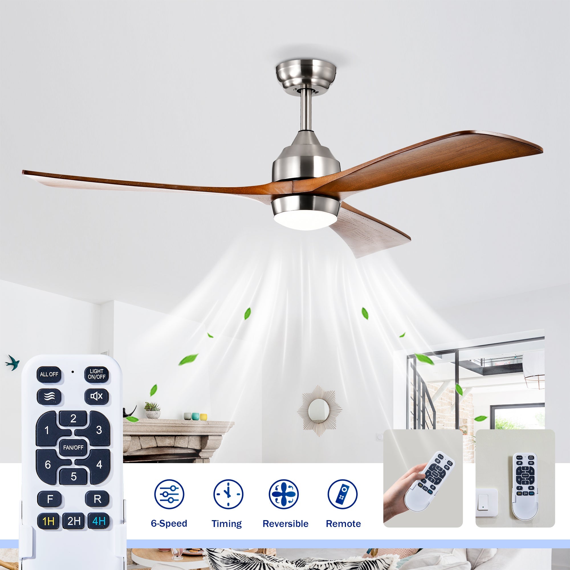52" Solid Wood Blades Ceiling Fan with Lights and Remote Control