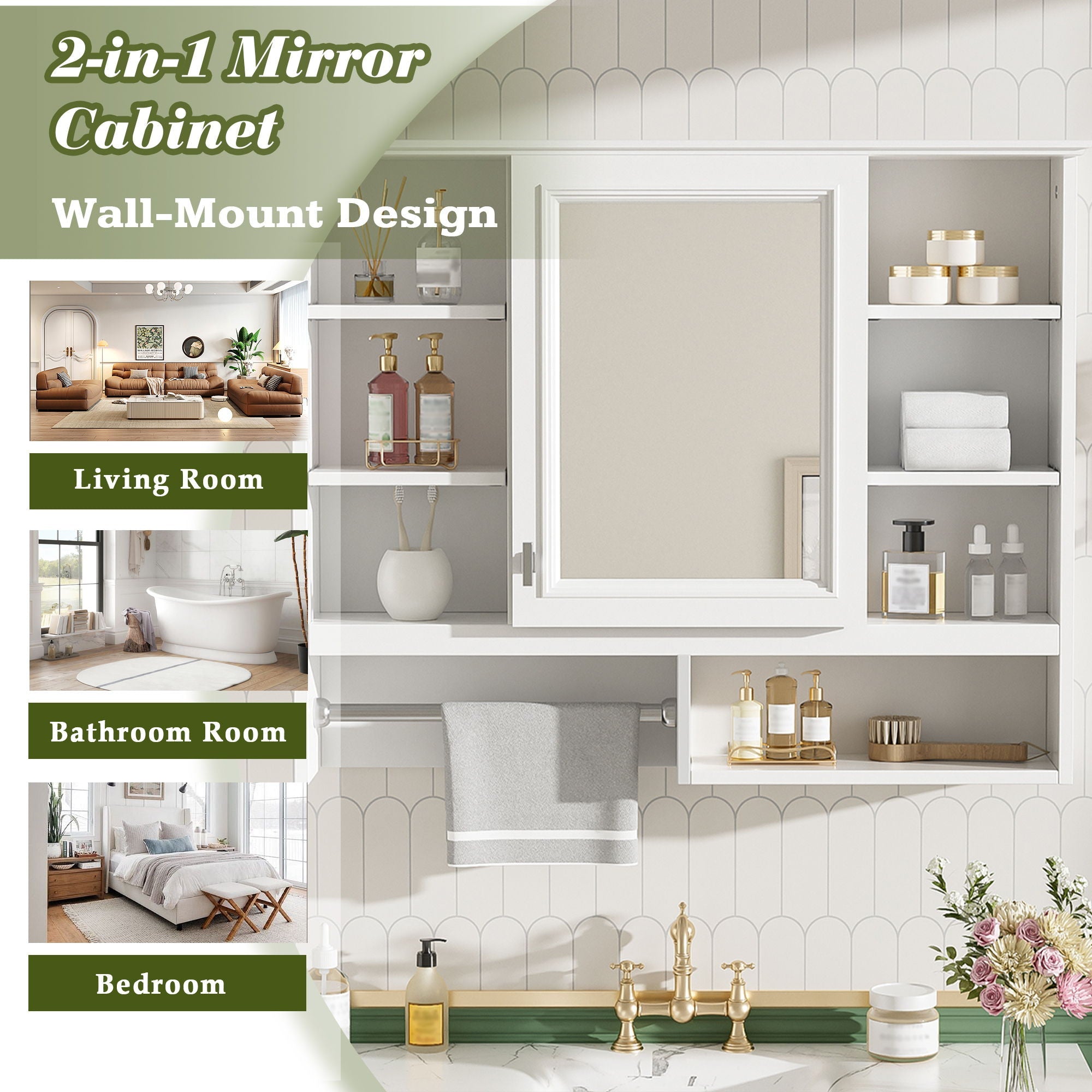 Wall Mount 2 In 1 Mirror Cabinet With Adjustable Shelves, Open Storage, For Bathroom Vanity - White
