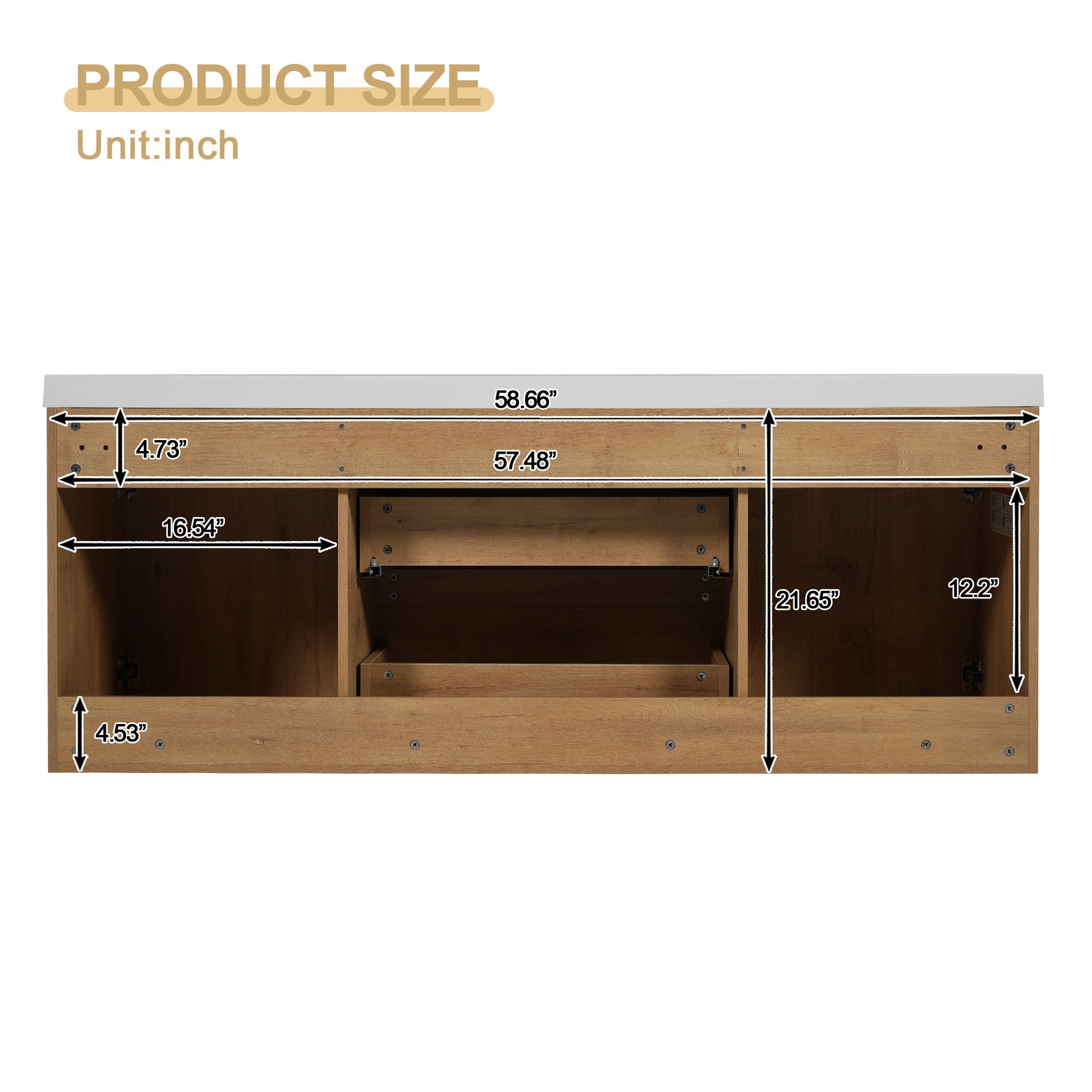 Double Sink Bathroom Vanity, Cabinet & Soft Close Doors, Divided Drawers, Wall Mounted Storage - Wood