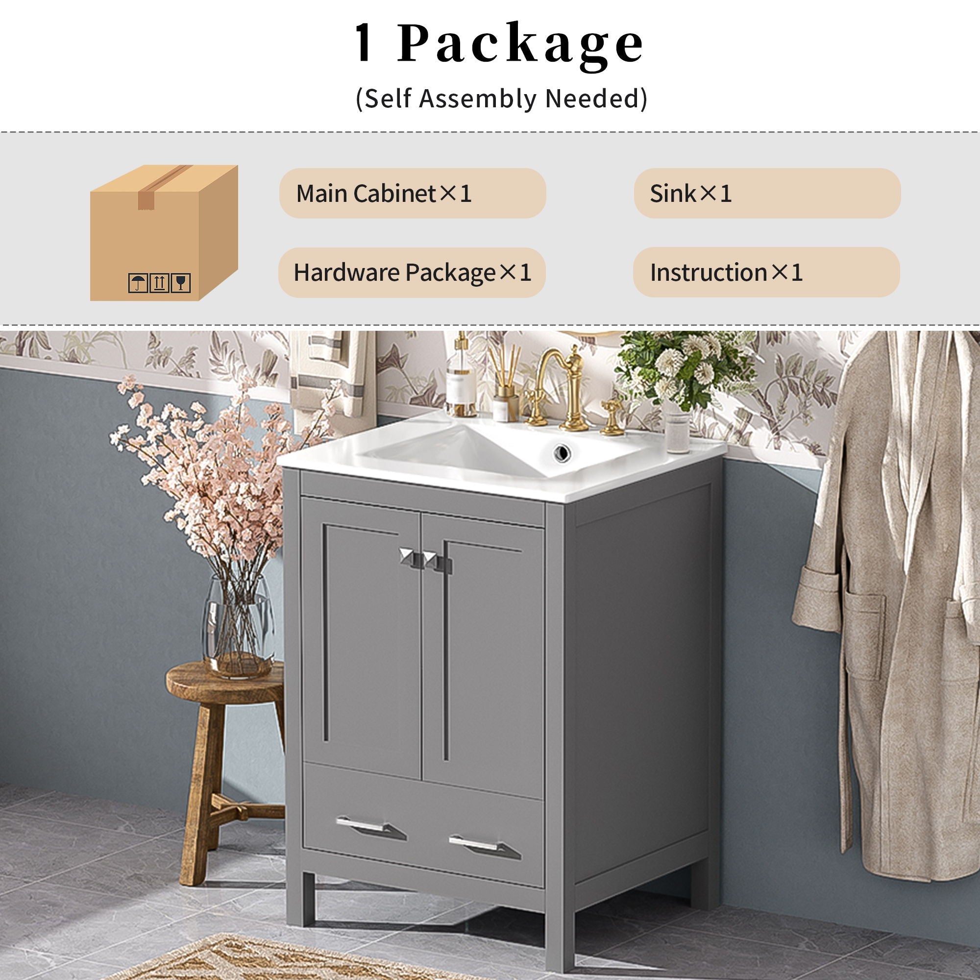 Bathroom Vanity With Integrated Undermount Ceramic Sink, 2 Doors And 1 Drawer, Soft Close Hinges