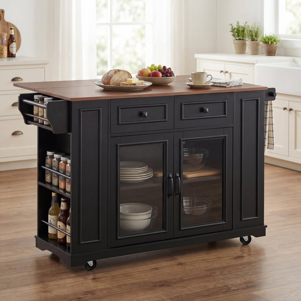 54" Mobile Kitchen Island with Glass Door Storage, Power Outlet & Rolling Cart