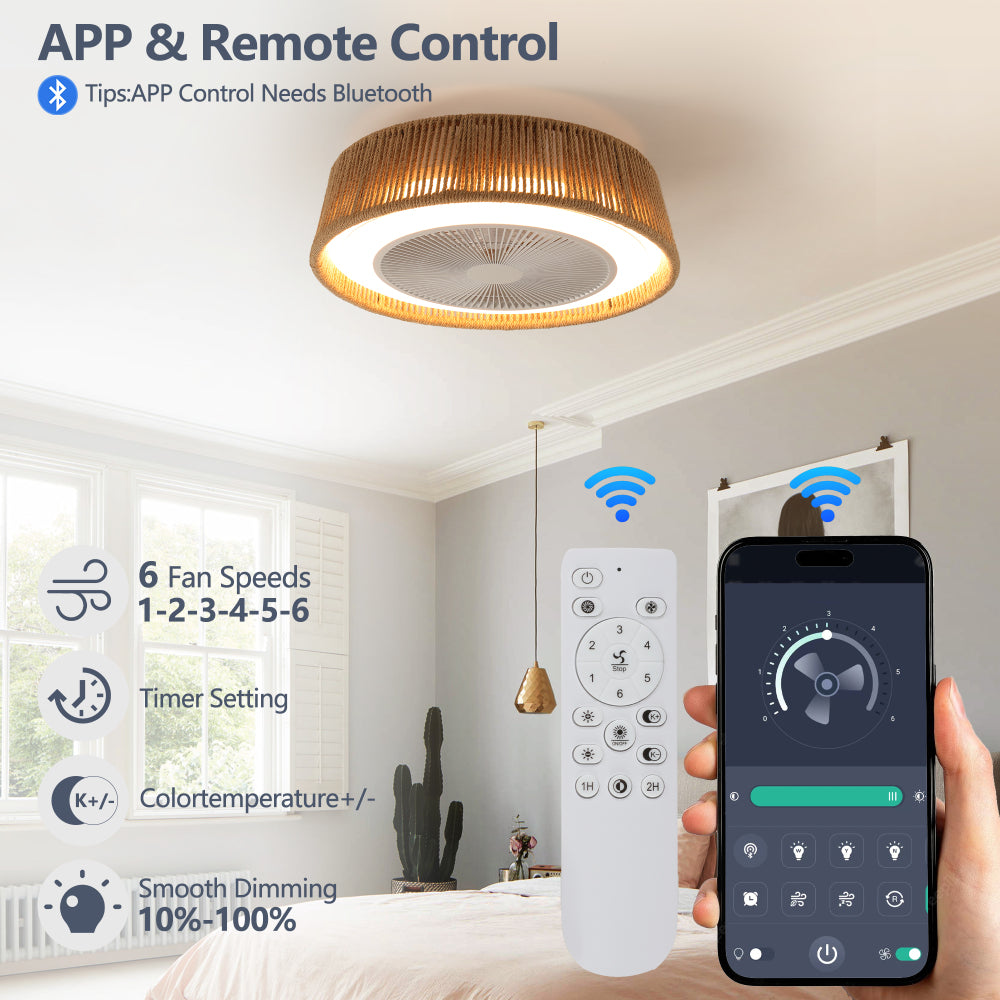 21" Boho Caged Ceiling Fan with LED Light & Remote – Braided Twine Design, 3CCT Dimmable, 6 Speeds & Reversible DC Motor