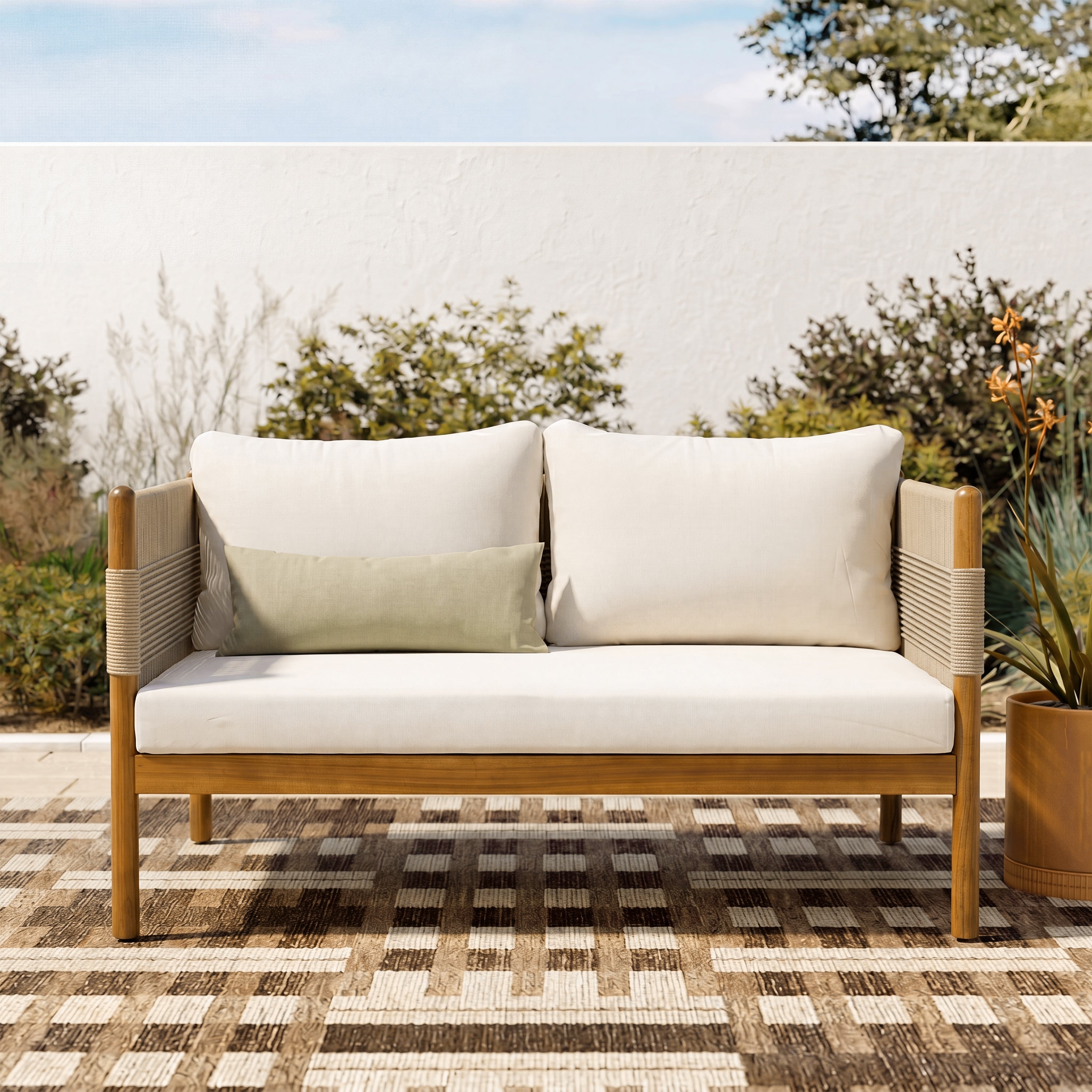 Outdoor Acacia Wood Loveseat with Diamond Rope Weave & Cushions, Teak Finish