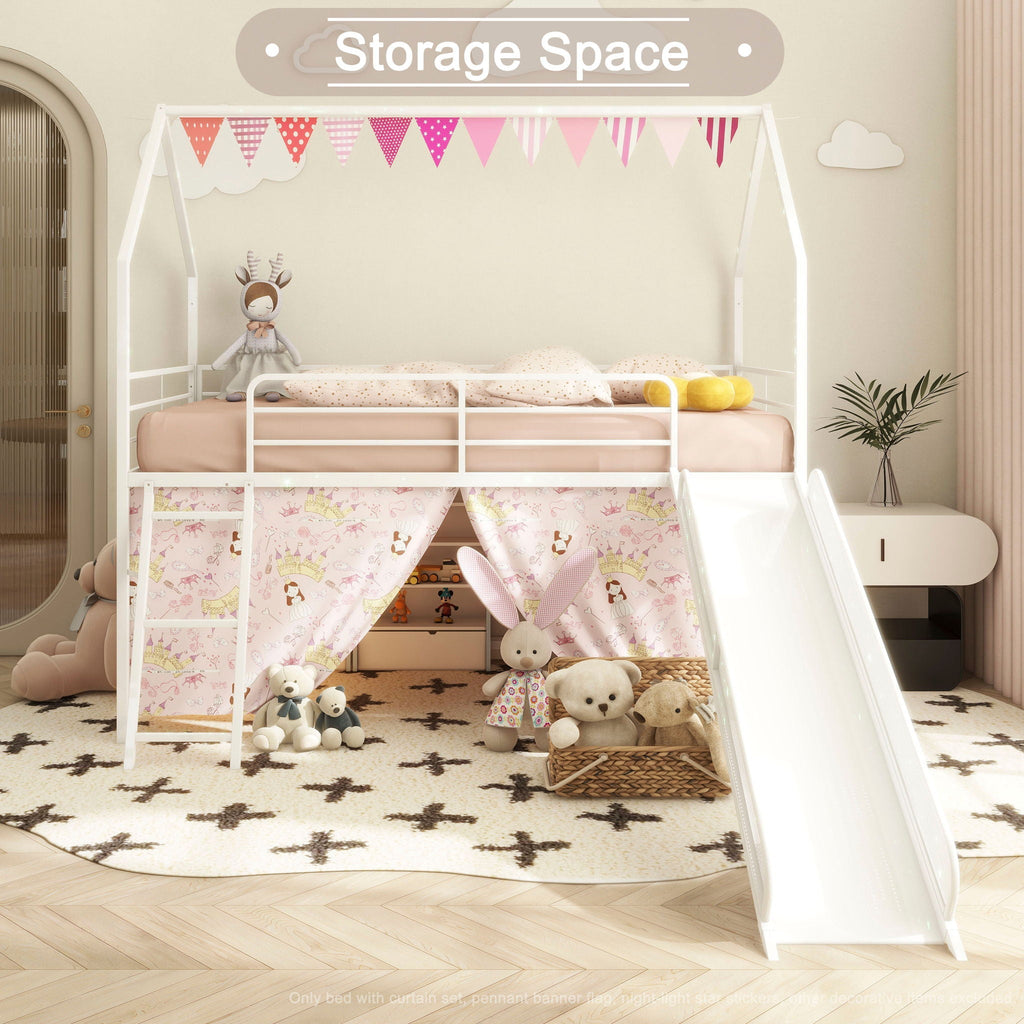 Jack - House Loft Bed With Slide And Curtain Set