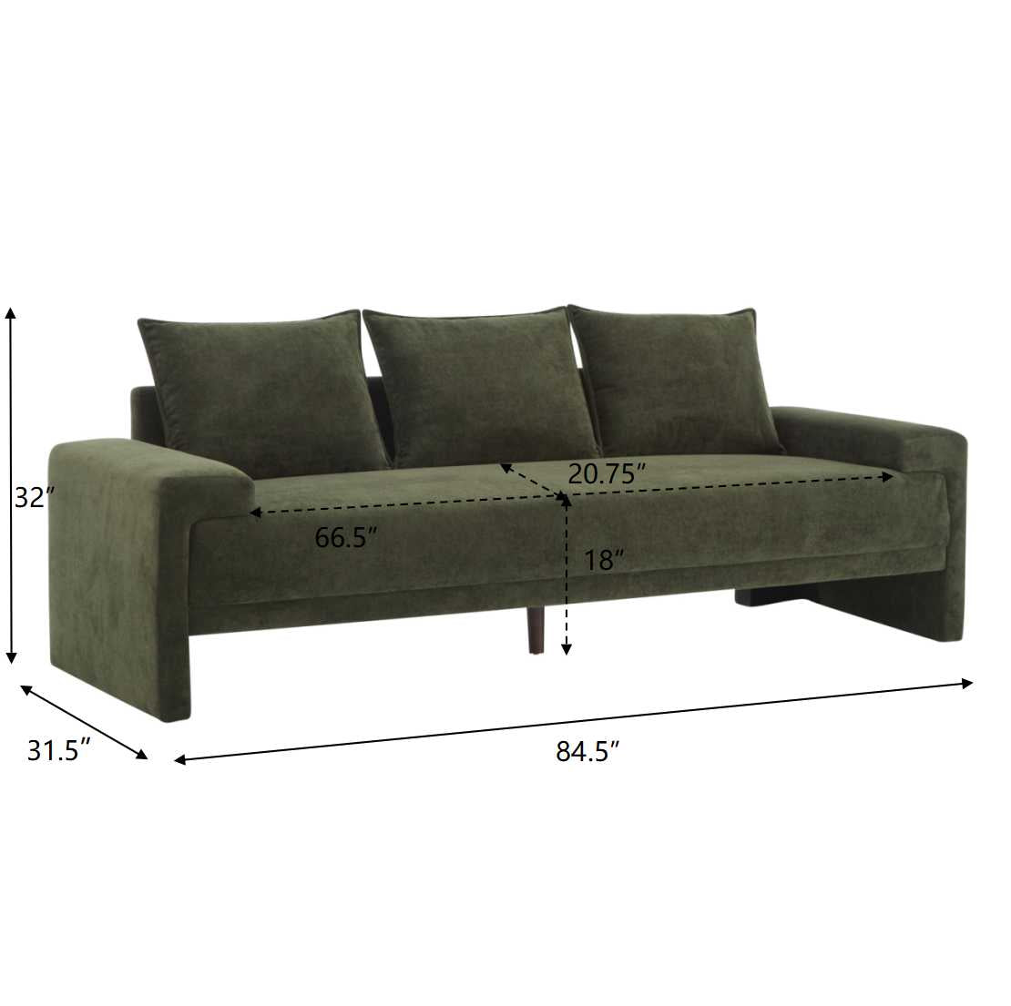 Algora 84.5 in. 3 Seater Modern Upholstered Velvet Sofa, Moss