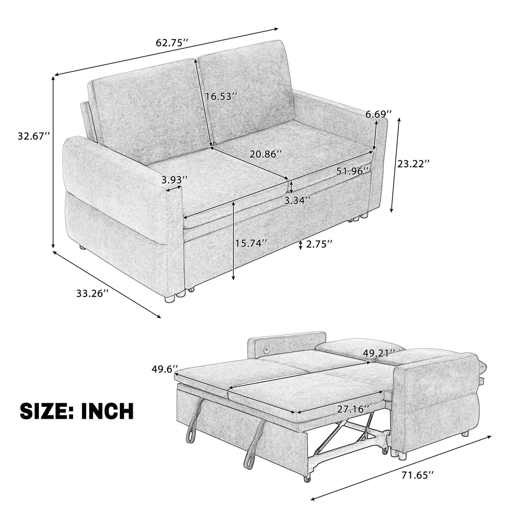 Convertible Sofa Bed Loveseat With Adjustable Backrest And USB Ports