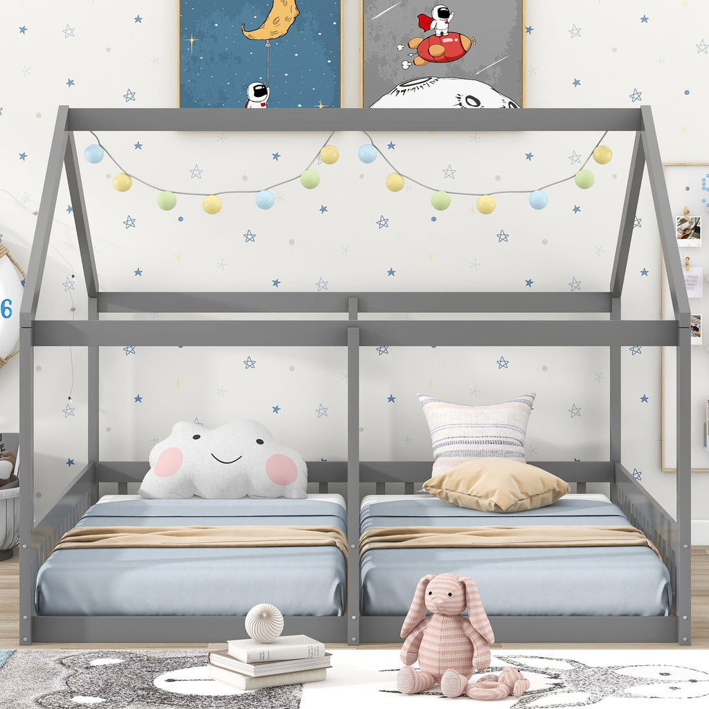 House Platform Beds, 2 Shared Beds, Metal Frame With Guardrails