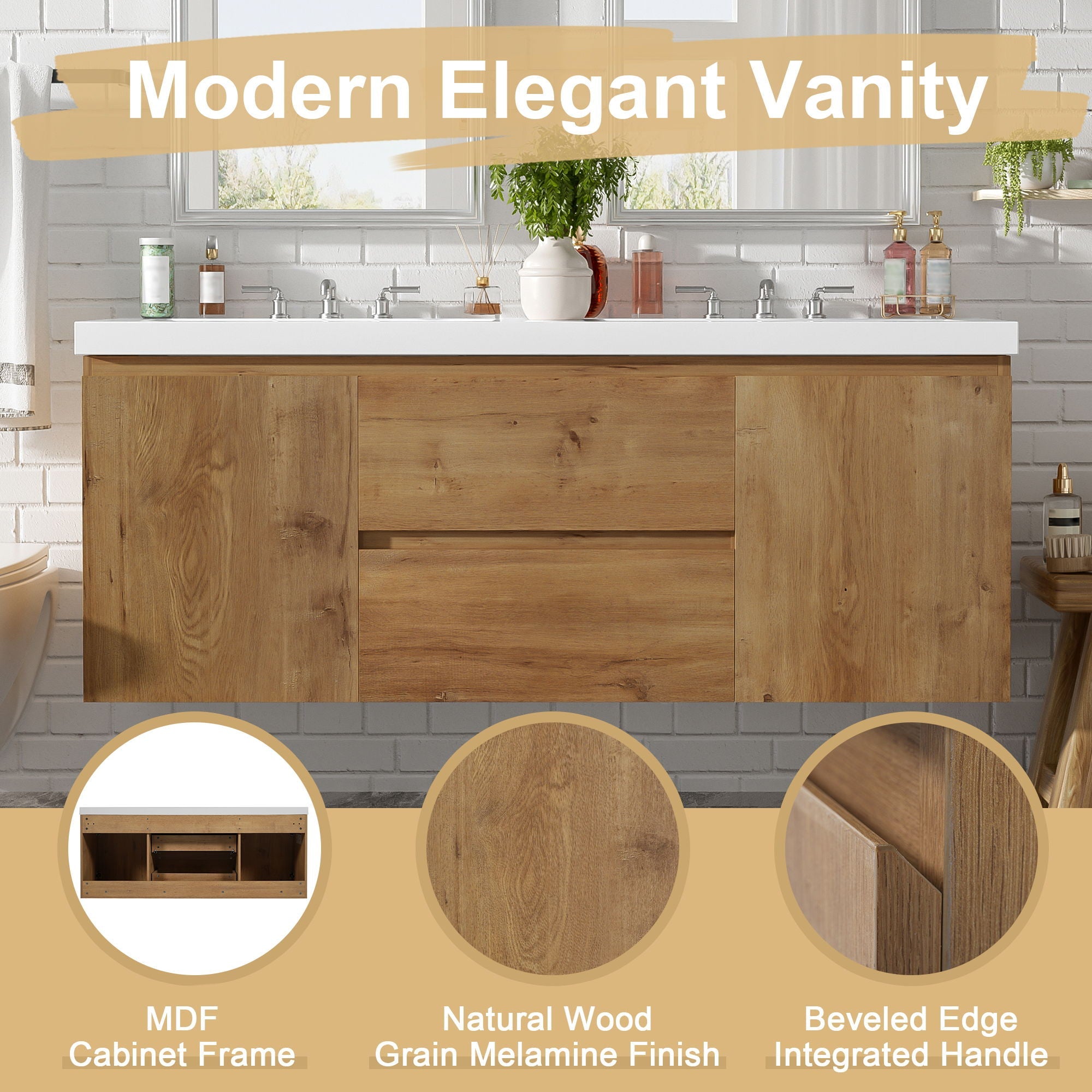 Double Sink Bathroom Vanity, Cabinet & Soft Close Doors, Divided Drawers, Wall Mounted Storage - Wood