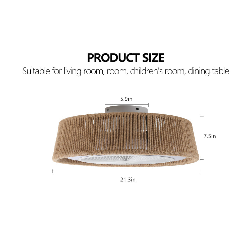 21" Boho Caged Ceiling Fan with LED Light & Remote – Braided Twine Design, 3CCT Dimmable, 6 Speeds & Reversible DC Motor
