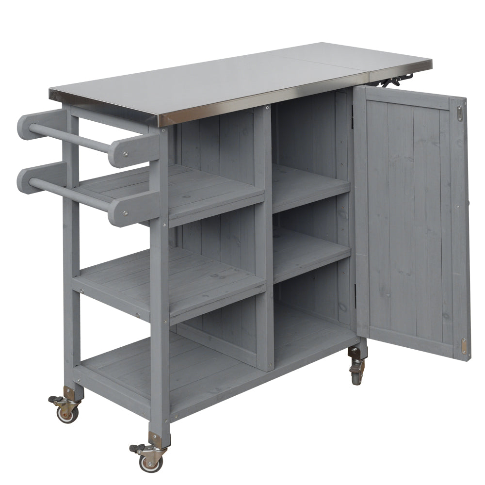 Foldable Outdoor Kitchen Island with Stainless Steel Top | Rolling Cart with Storage Cabinet, Open Shelves & Towel Rack — Grey