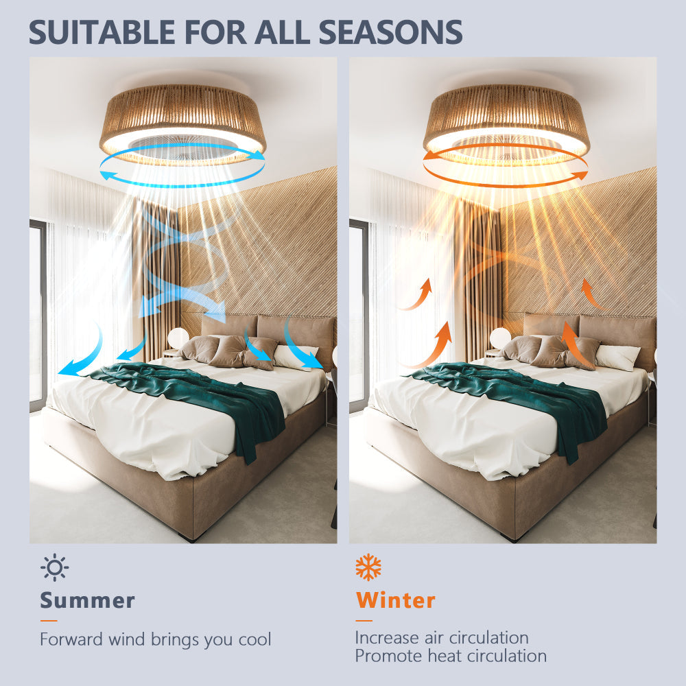 21" Boho Caged Ceiling Fan with LED Light & Remote – Braided Twine Design, 3CCT Dimmable, 6 Speeds & Reversible DC Motor