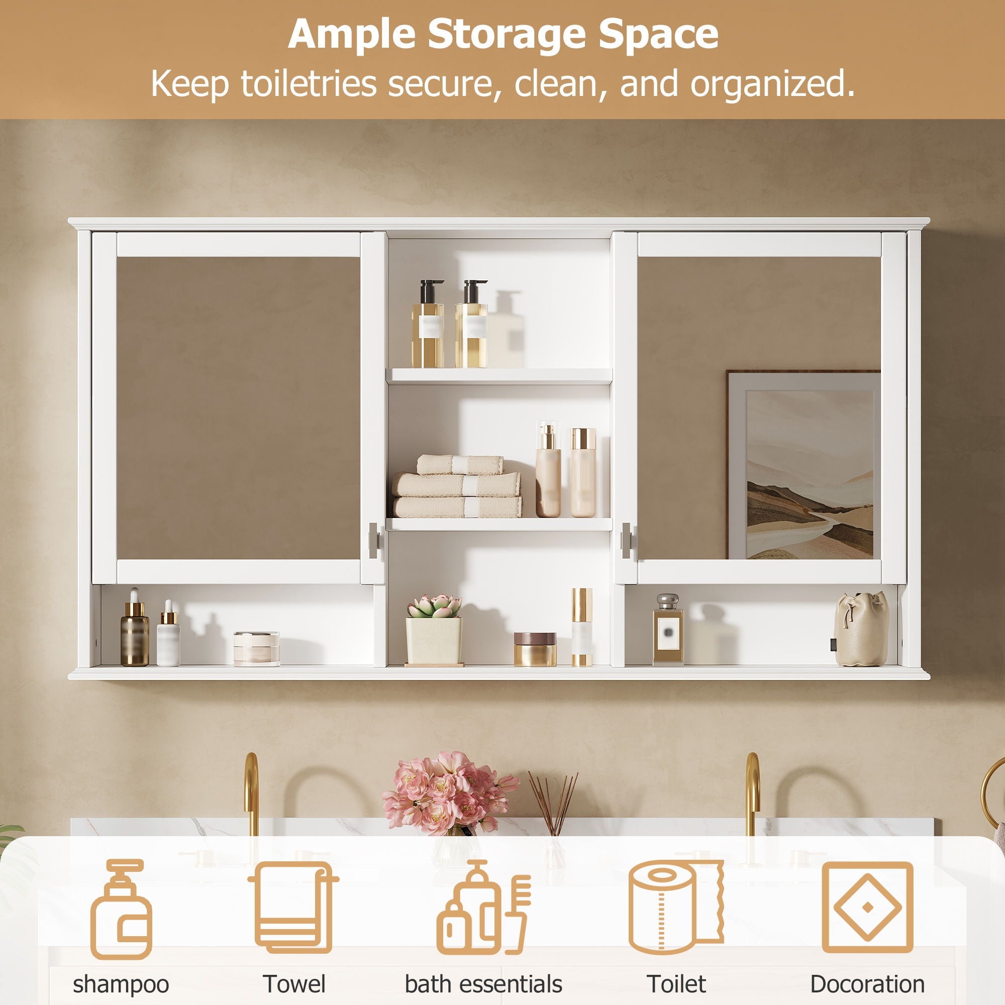 Wall Mount Mirror Cabinet With Adjustable Shelves - White