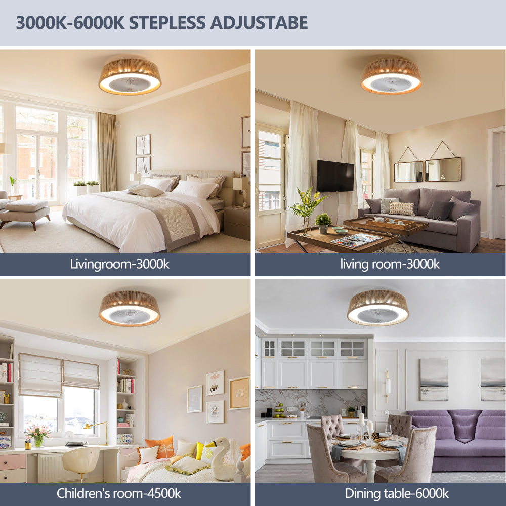 21" Boho Caged Ceiling Fan with LED Light & Remote – Braided Twine Design, 3CCT Dimmable, 6 Speeds & Reversible DC Motor